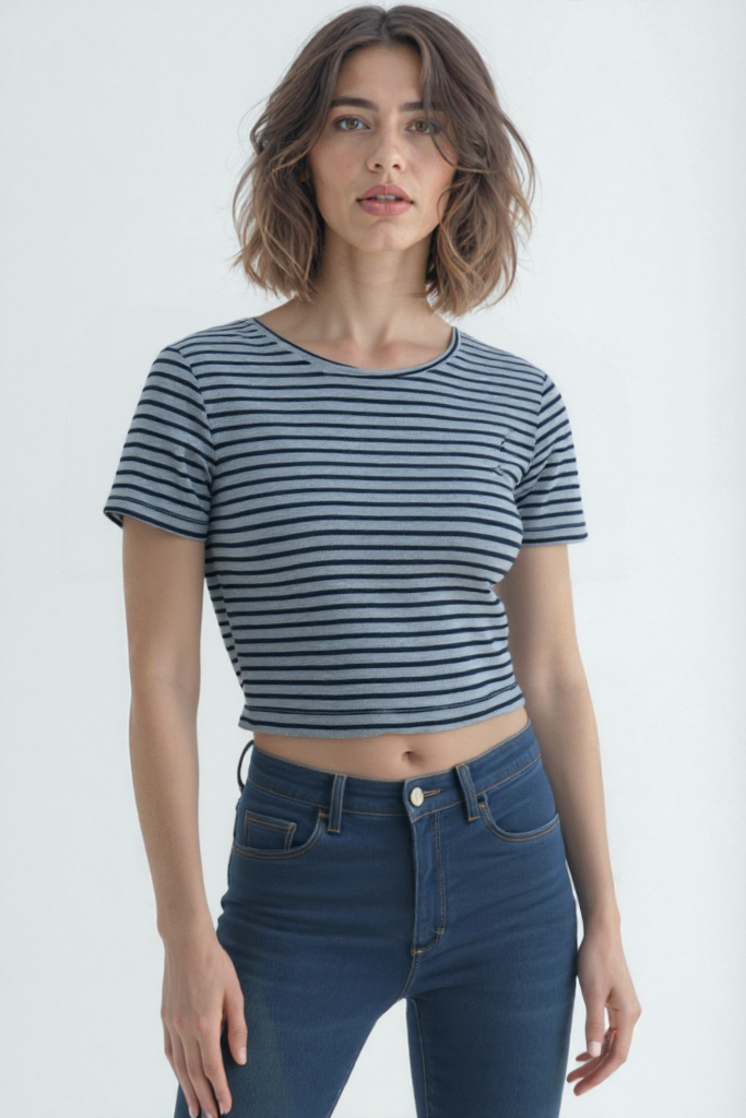 Siyah Gri Çizgili Bisiklet Yaka Kısa Kollu Kadın Crop T-Shirt SANDY S/S TOP