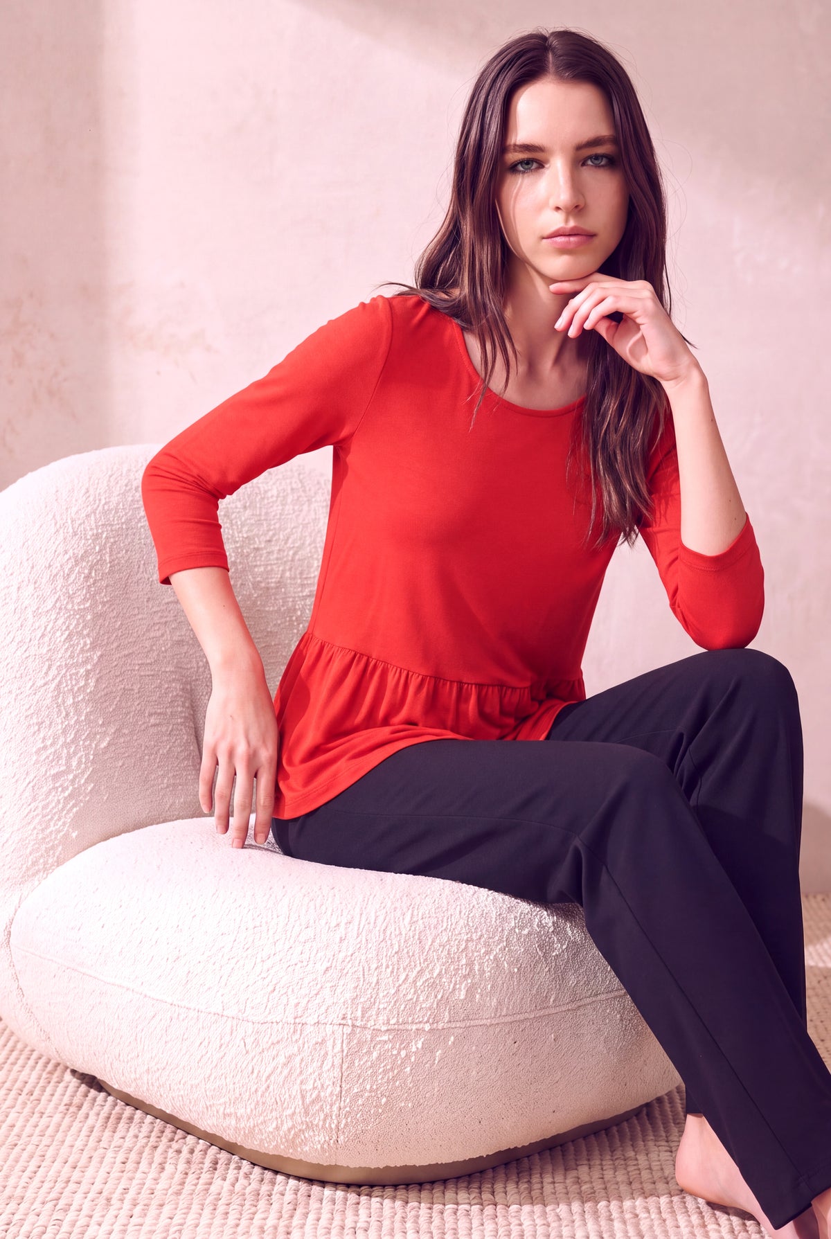 Kadın Viskon Karışımlı Alev Kırmızısı 3/4 Kollu Bisiklet Yaka Eteği Büzgülü Bluz ESTHER - Top - Westmark London EU(TR) Store Organik Pamuklu Sürdürülebilir Moda