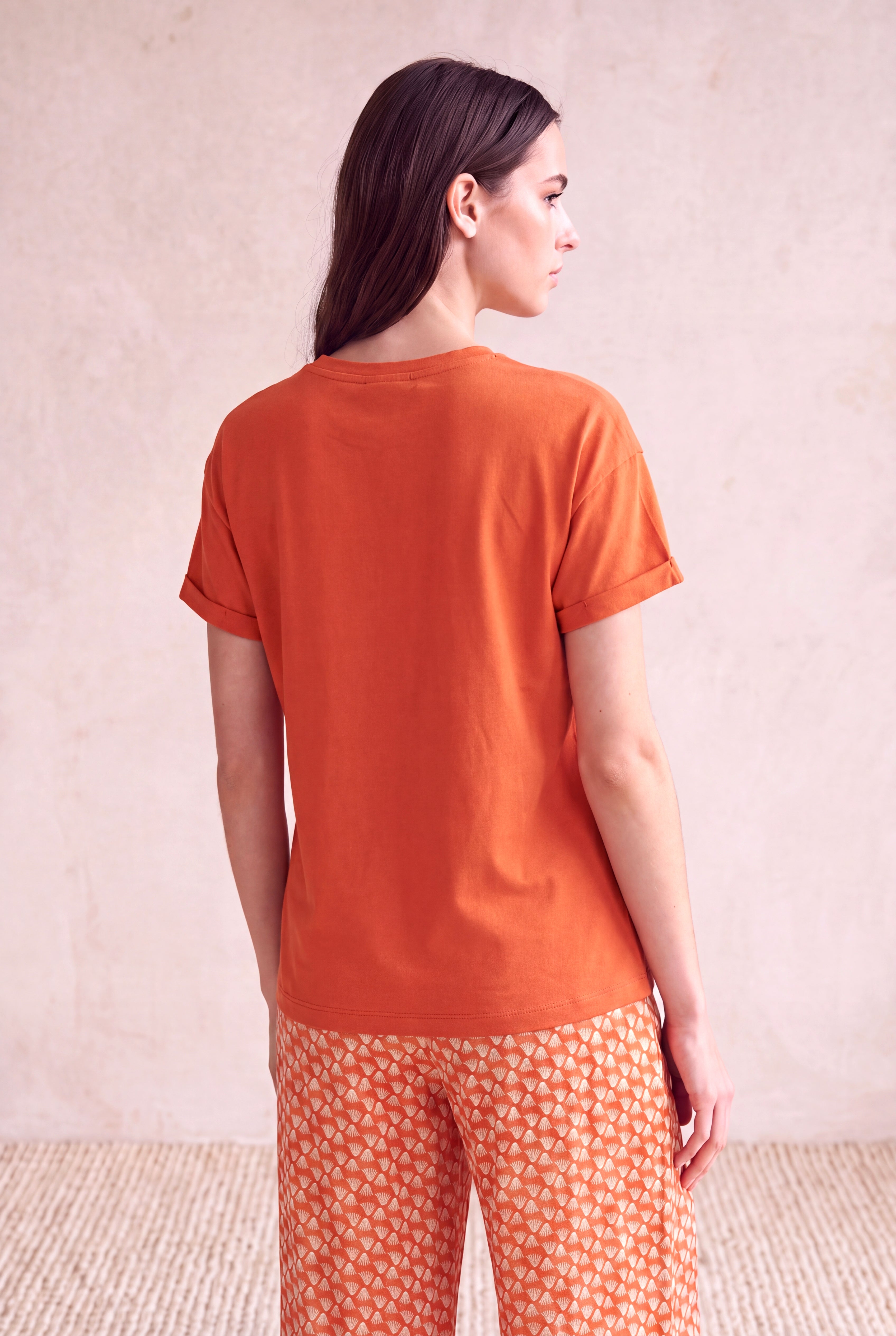 Kadın Modal / Pamuk Turuncu Katlamalı Kısa Kol Detaylı Düşük Omuz Bisiklet Yaka T-Shirt PALMA