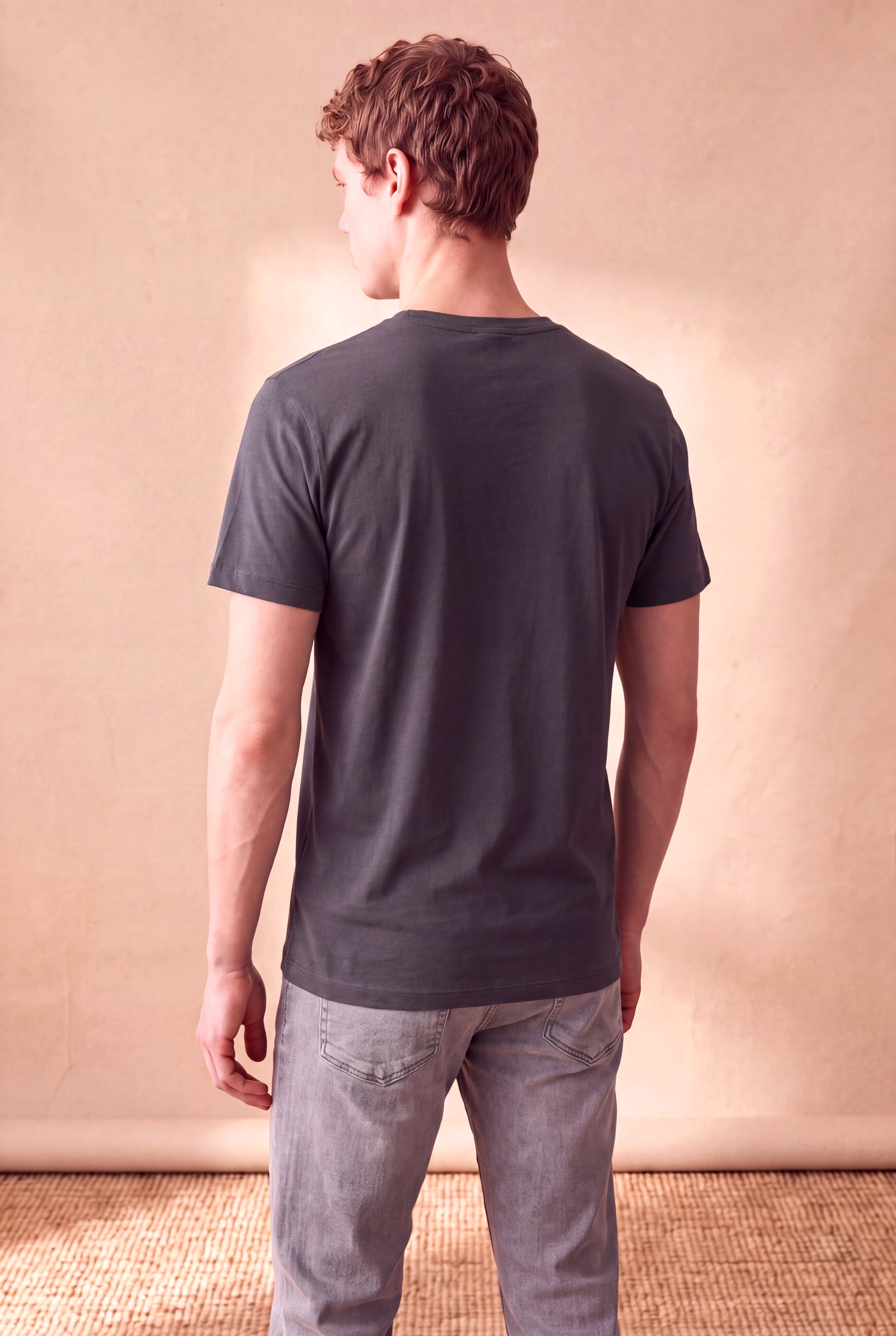 Erkek %100 Pamuk Asfalt Füme Kısa Kollu Bisiklet Yaka Basic T-Shirt OLAV