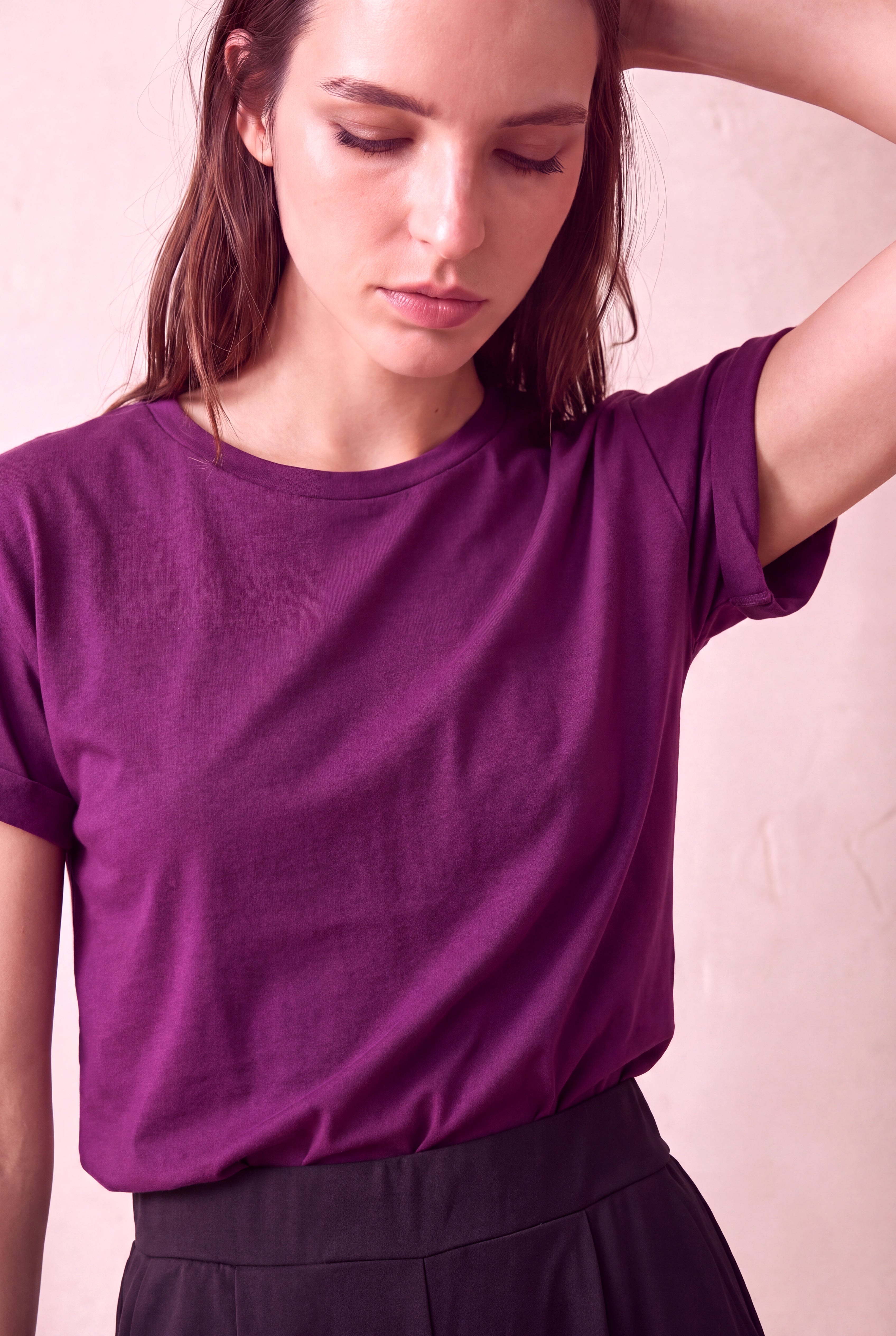 Kadın Modal / Pamuk Mor Katlamalı Kısa Kol Detaylı Düşük Omuz Bisiklet Yaka T-Shirt PALMA