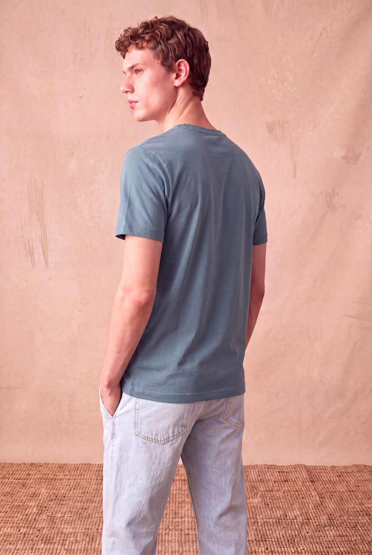 Erkek %100 Pamuk Taş Mavisi Kısa Kollu Bisiklet Yaka Basic T-Shirt OLAV