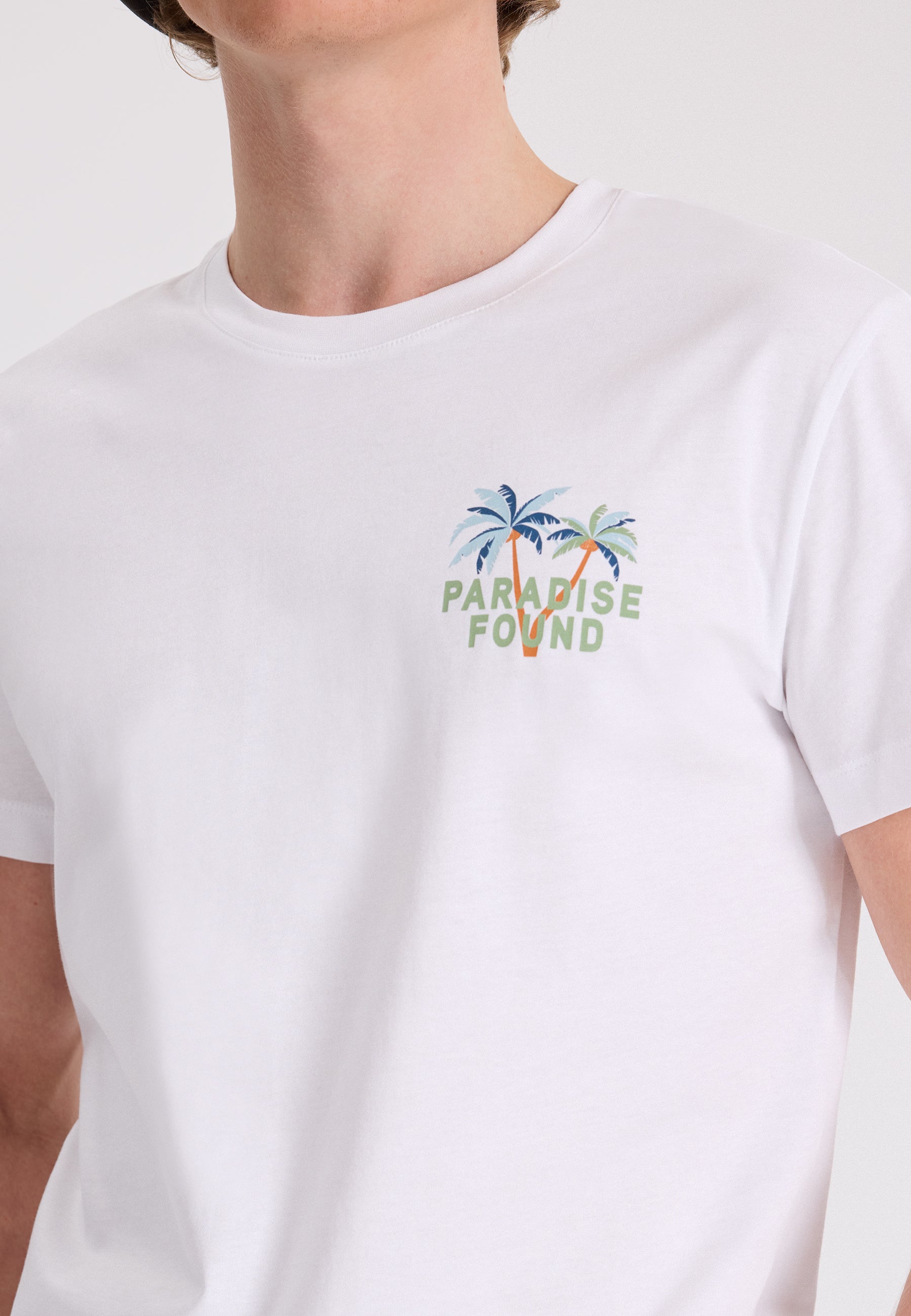 Beyaz Ön ve Arka Baskılı Bisiklet Yaka Pamuklu Regular Fit Erkek T-Shirt WMBACK PARADISE - T-Shirt - Westmark London EU(TR) Store Organik Pamuklu Sürdürülebilir Moda