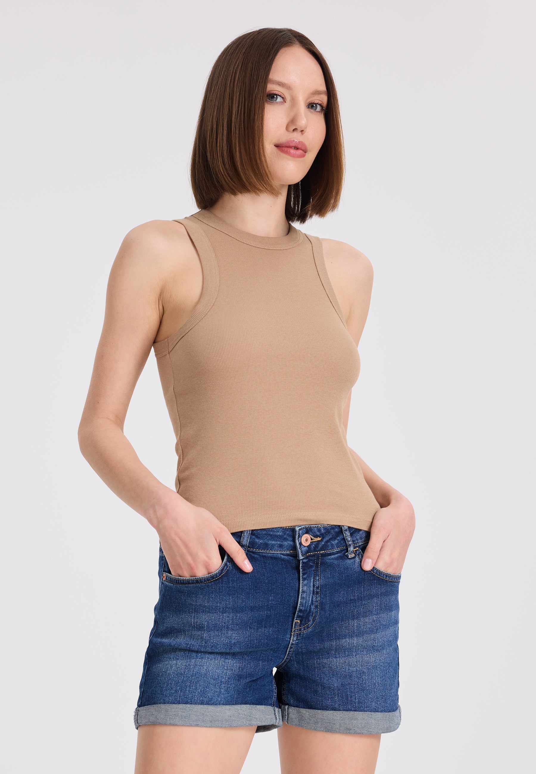 2’li Haki, Kahverengi Bisiklet Yaka Pamuk Elastan Karışımı Kadın Kolsuz T-Shirt WMCLARA RIB TANK TOP - Underwear - Westmark London EU(TR) Store Organik Pamuklu Sürdürülebilir Moda