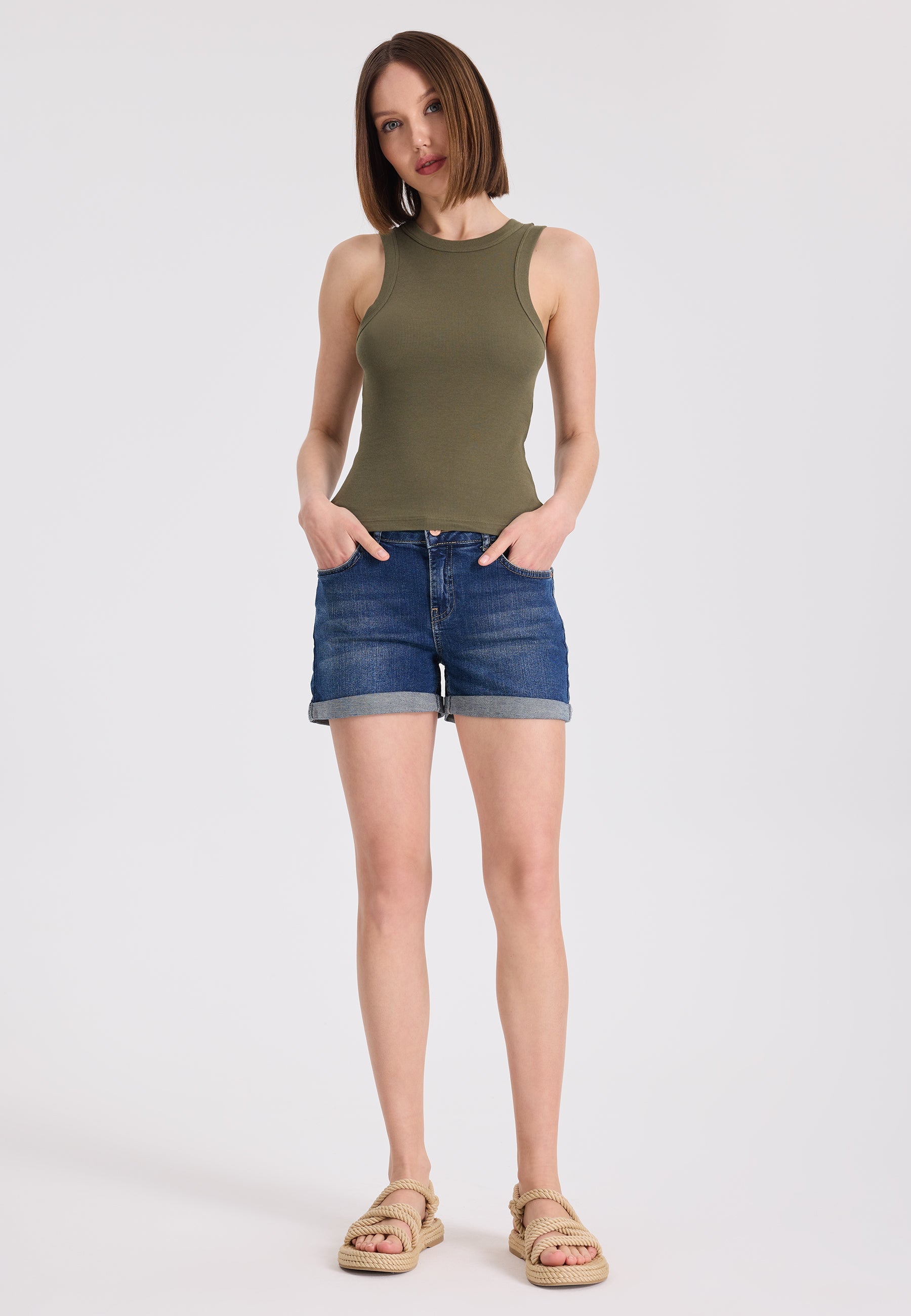 2’li Haki, Mavi Bisiklet Yaka Pamuk Elastan Karışımı Kadın Kolsuz T-Shirt WMCLARA RIB TANK TOP - Underwear - Westmark London EU(TR) Store Organik Pamuklu Sürdürülebilir Moda