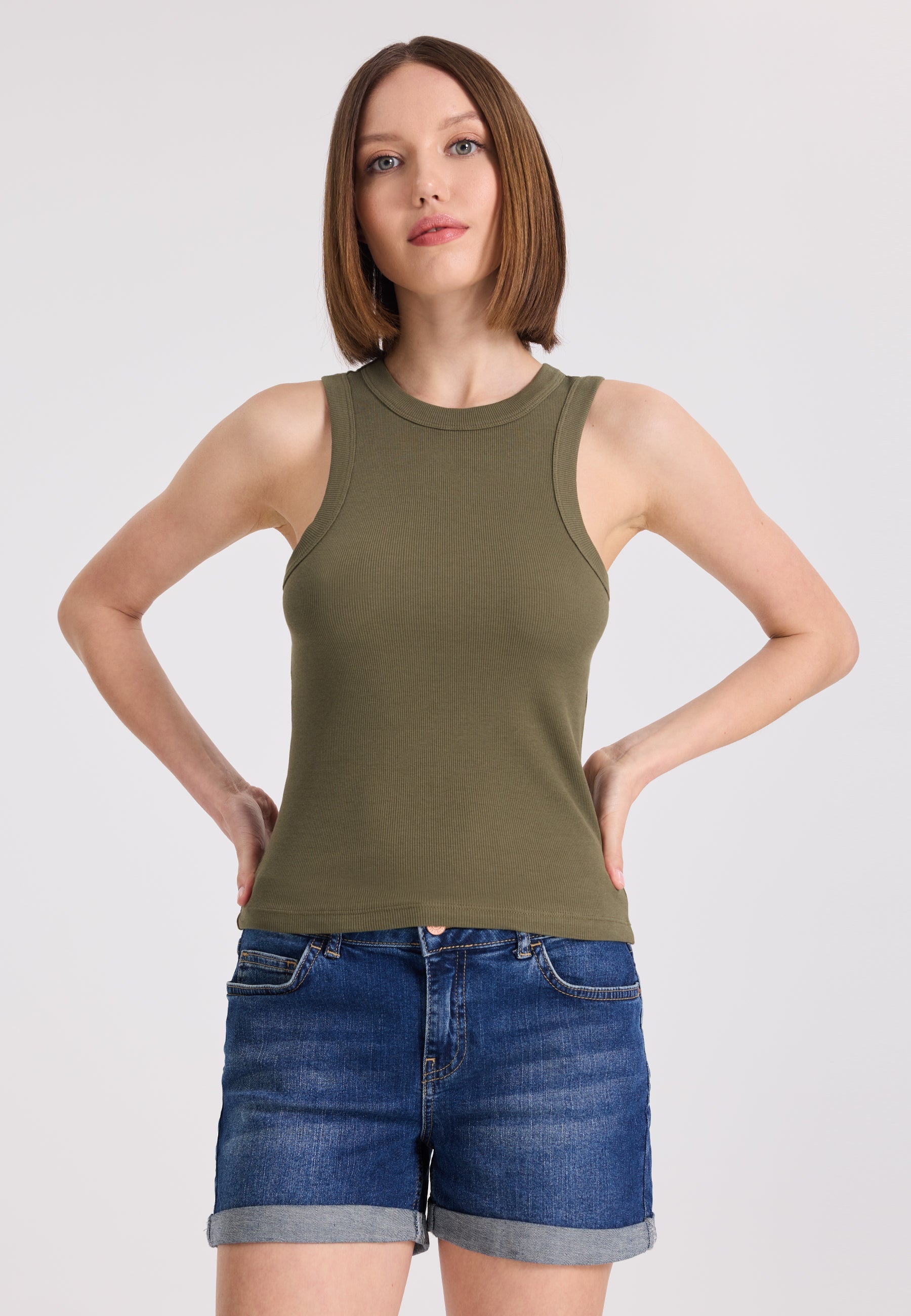2’li Haki, Mavi Bisiklet Yaka Pamuk Elastan Karışımı Kadın Kolsuz T-Shirt WMCLARA RIB TANK TOP - Underwear - Westmark London EU(TR) Store Organik Pamuklu Sürdürülebilir Moda