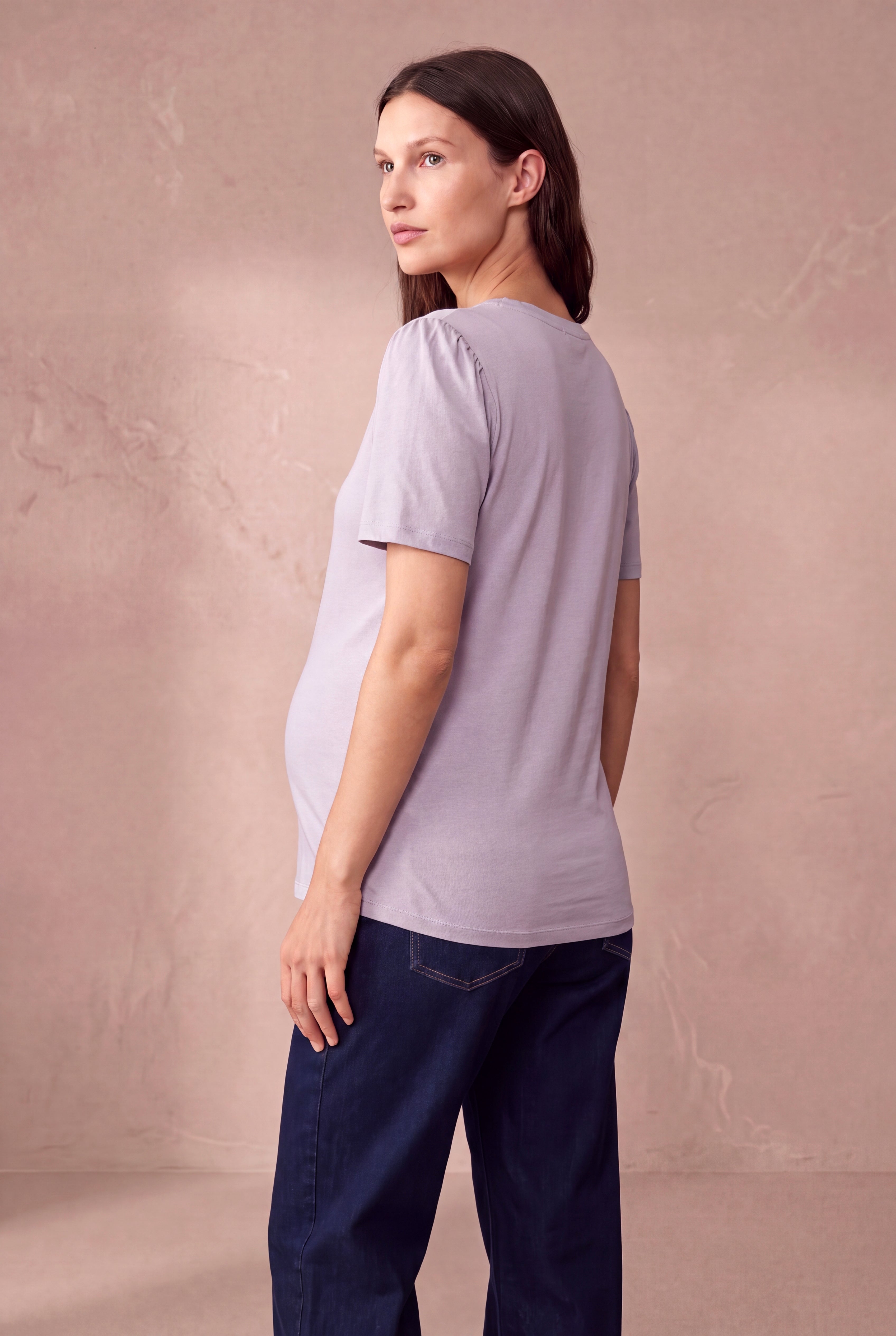 Hamile Lila %100 Pamuk Bisiklet Yaka Kısa Balon Kollu Nakış Detaylı T-Shirt KAIA