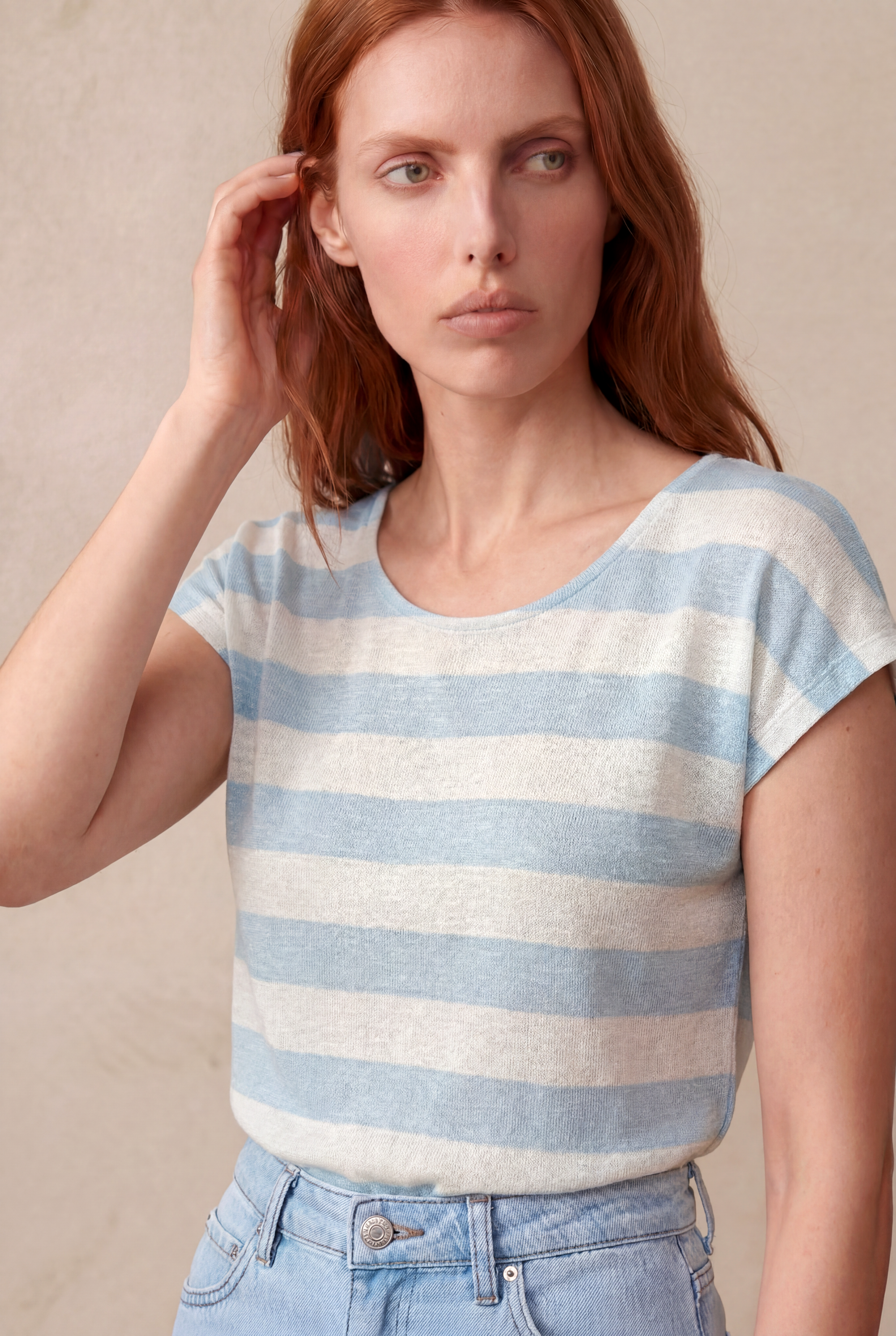 Kadın Regular Fit Bisiklet Yaka Kısa Kol Ekru / Buz Mavisi Çizgili Viskon / Elastan T-Shirt WILDA - Top - Westmark London EU(TR) Store Organik Pamuklu Sürdürülebilir Moda