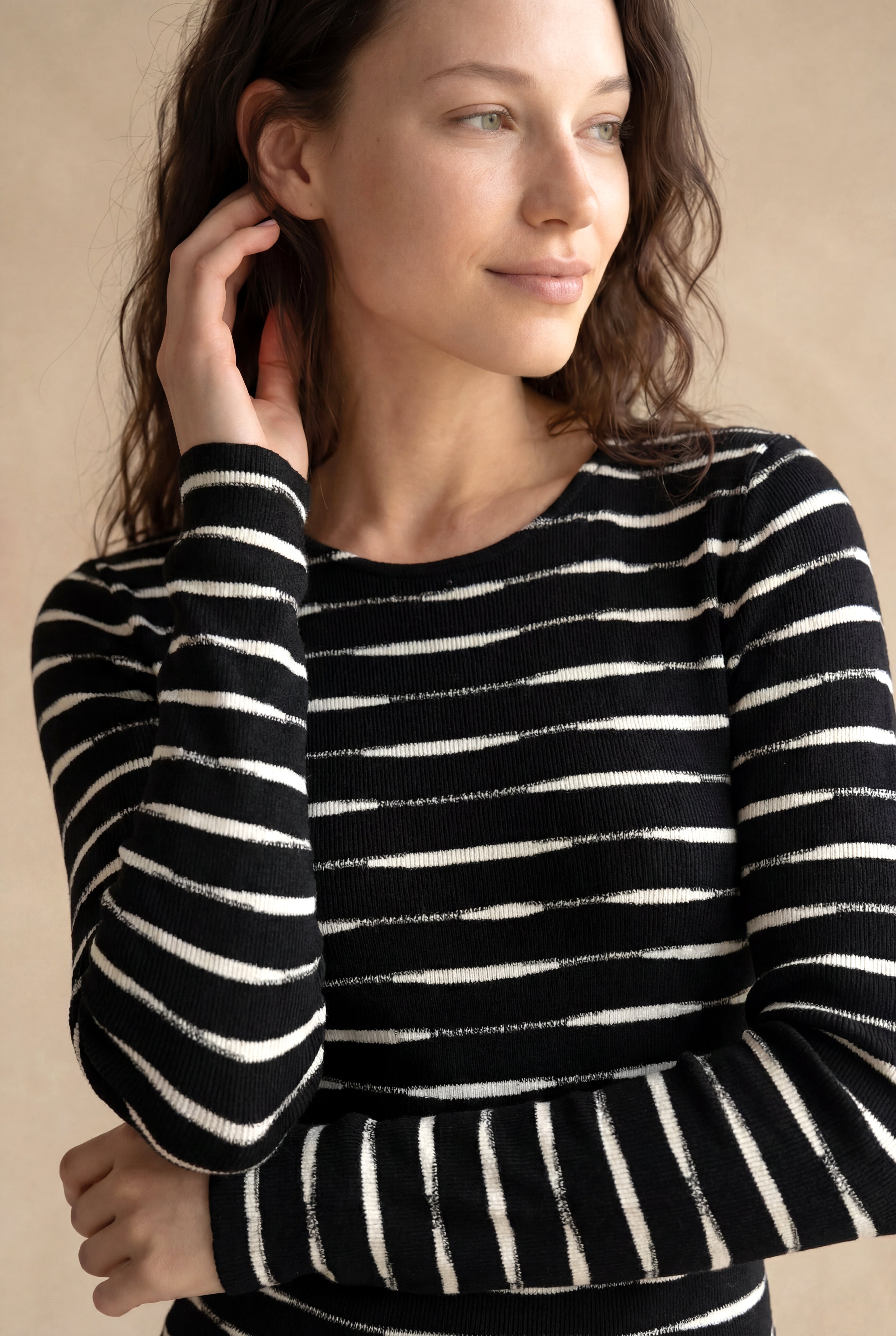 Kadın Regular Fit Bisiklet Yaka Polyester / Viskon / Elastan Uzun Kol Siyah / Ekru Çizgili Bluz ADELE - Top - Westmark London EU(TR) Store Organik Pamuklu Sürdürülebilir Moda