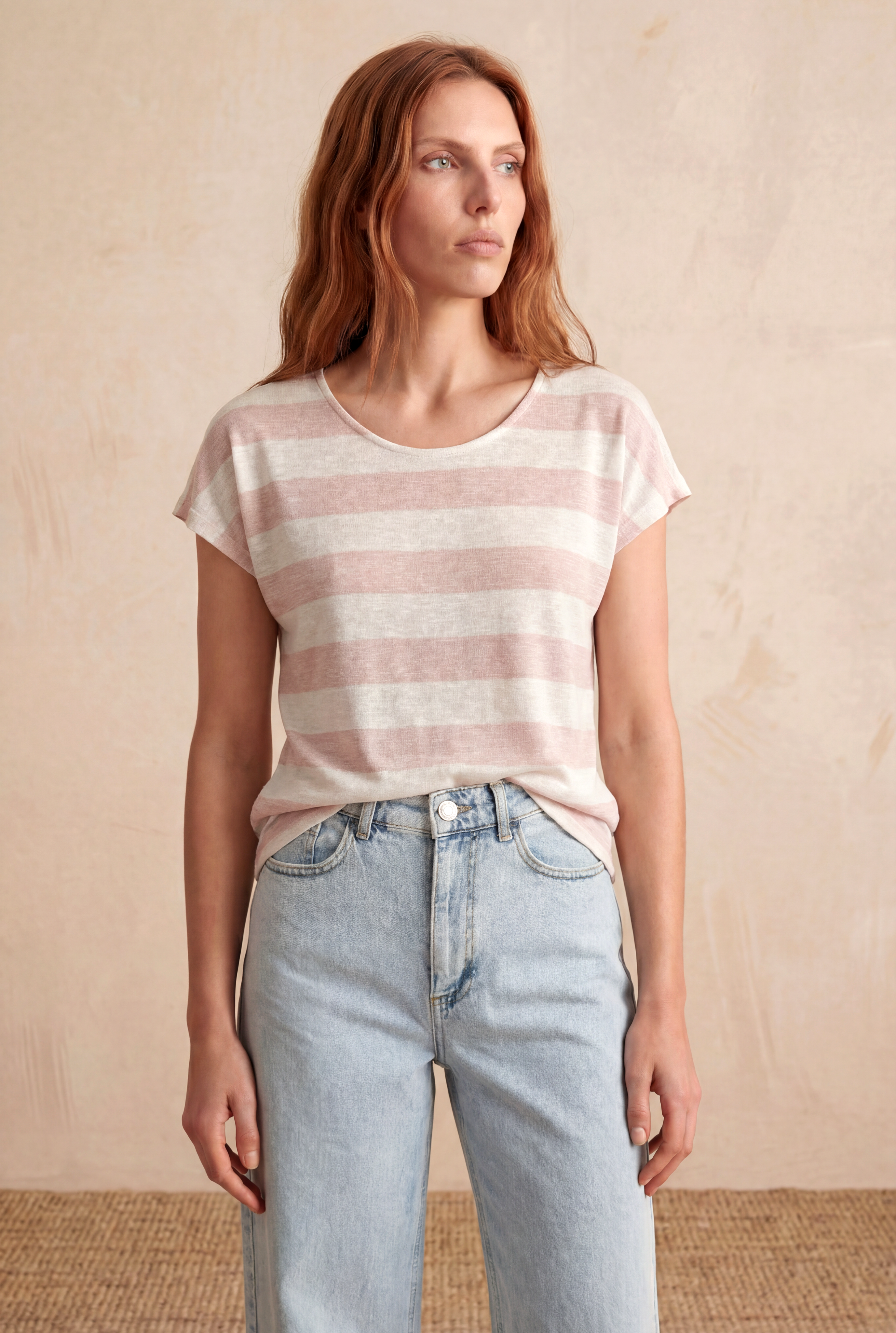 Kadın Regular Fit Bisiklet Yaka Kısa Kol Ekru / Somon Çizgili Viskon / Elastan T-Shirt WILDA - Top - Westmark London EU(TR) Store Organik Pamuklu Sürdürülebilir Moda