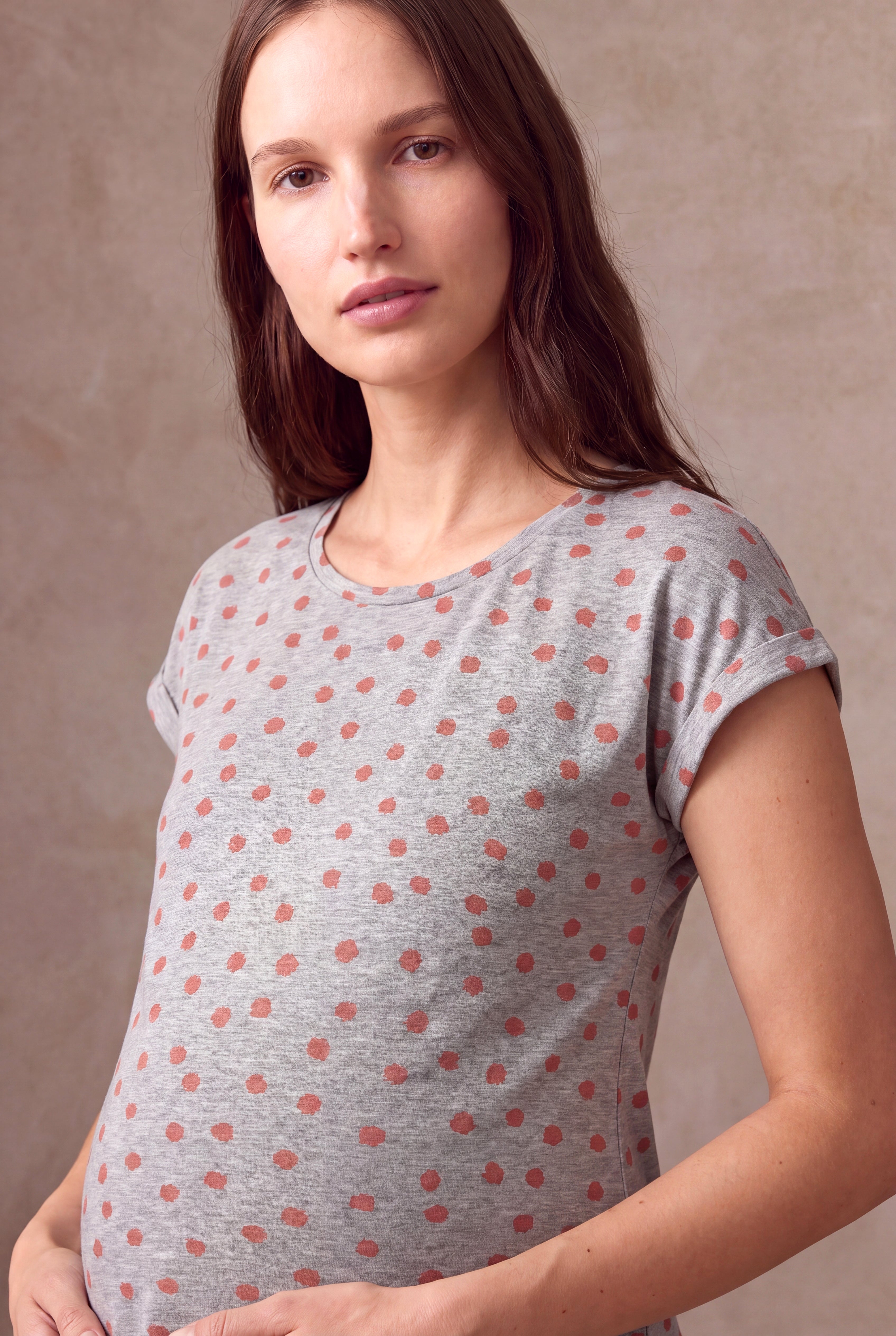 Hamile Açık Gri Melanj Pamuklu Bisiklet Yaka Kısa Kollu Baskılı T-Shirt DAKOTA