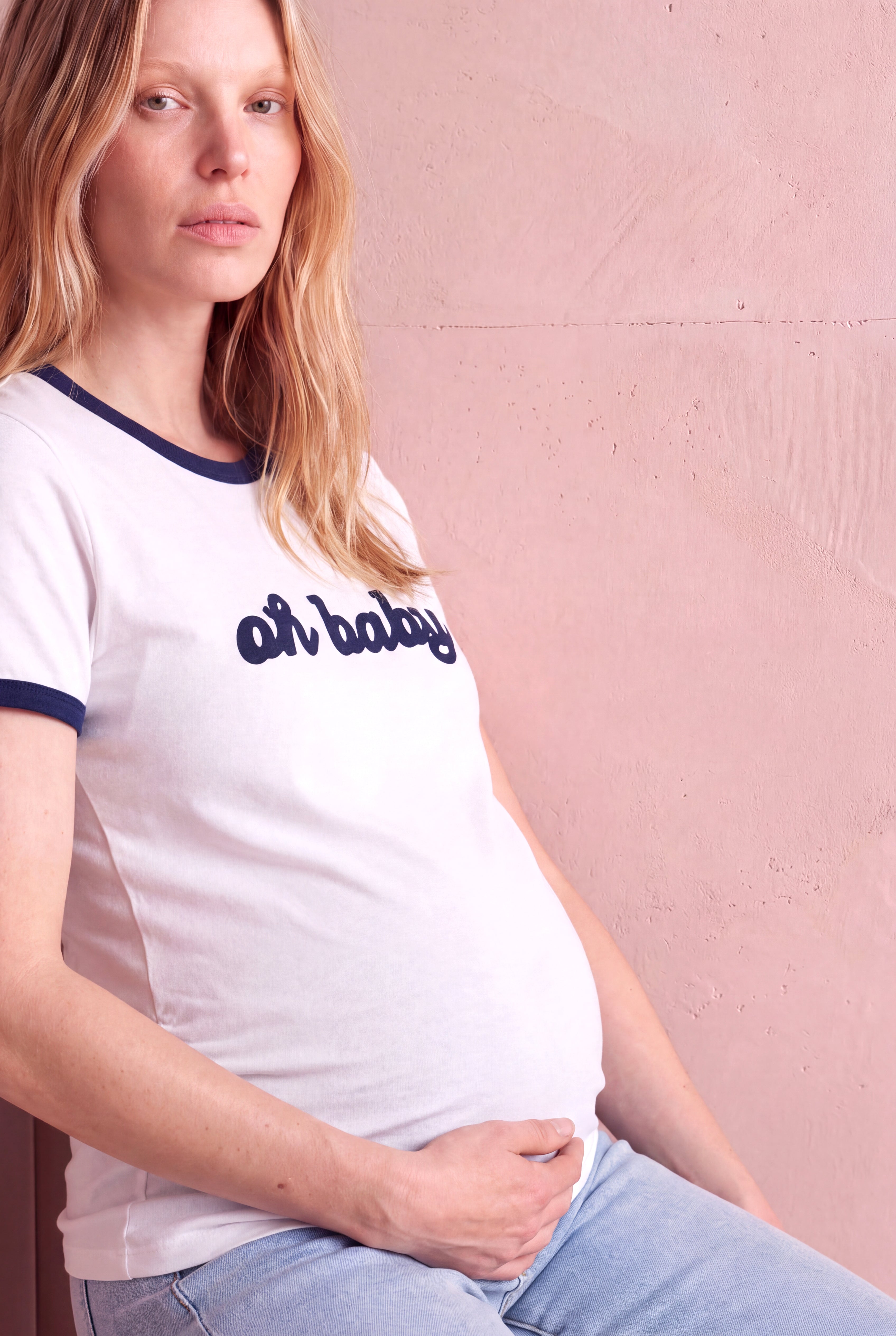 Hamile Beyaz Pamuklu Bisiklet Yaka Kısa Kollu Baskılı T-Shirt OPHELIA
