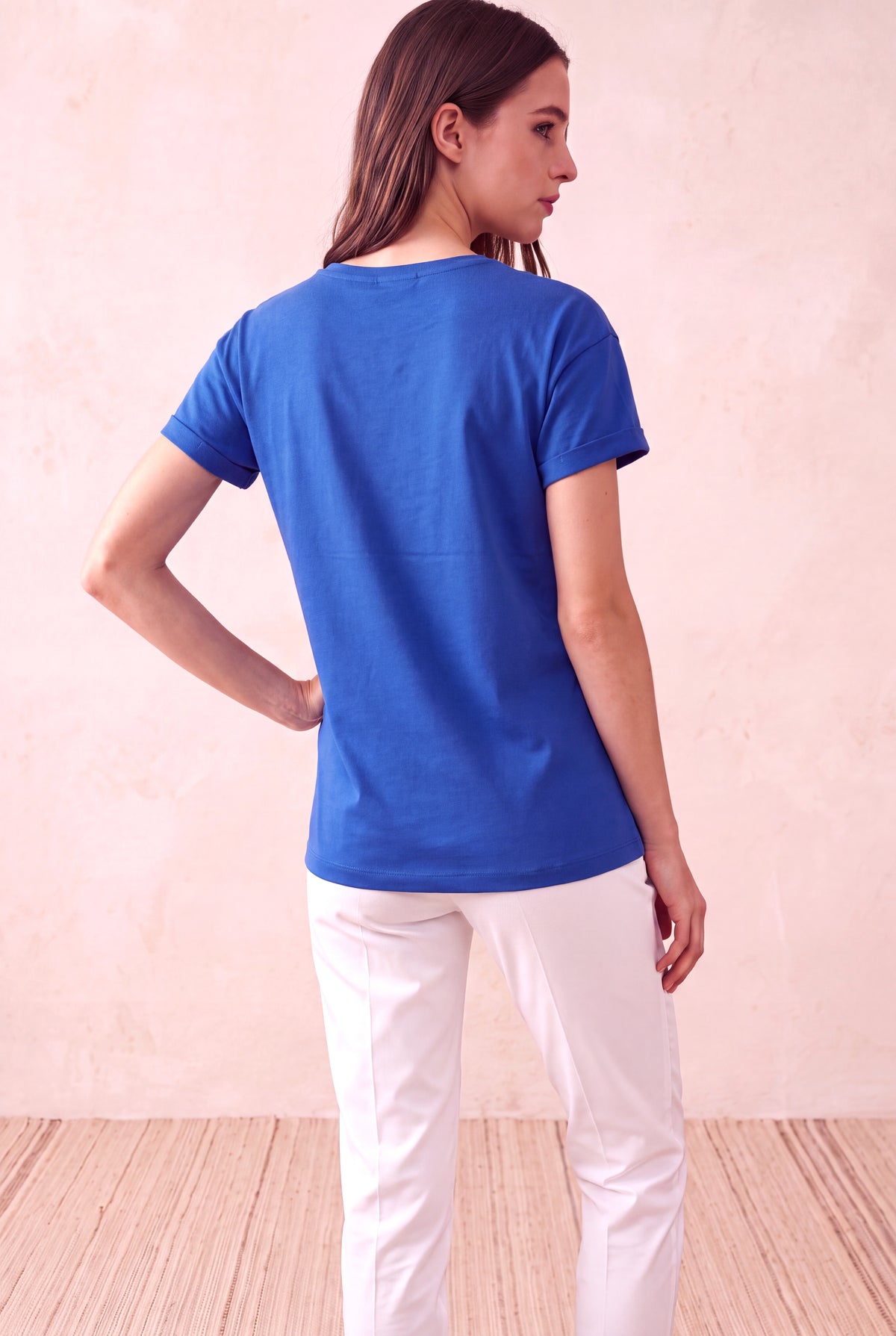 Kadın Modal / Pamuk Atlantik Mavisi Katlamalı Kısa Kol Detaylı Düşük Omuz Bisiklet Yaka T-Shirt PALMA