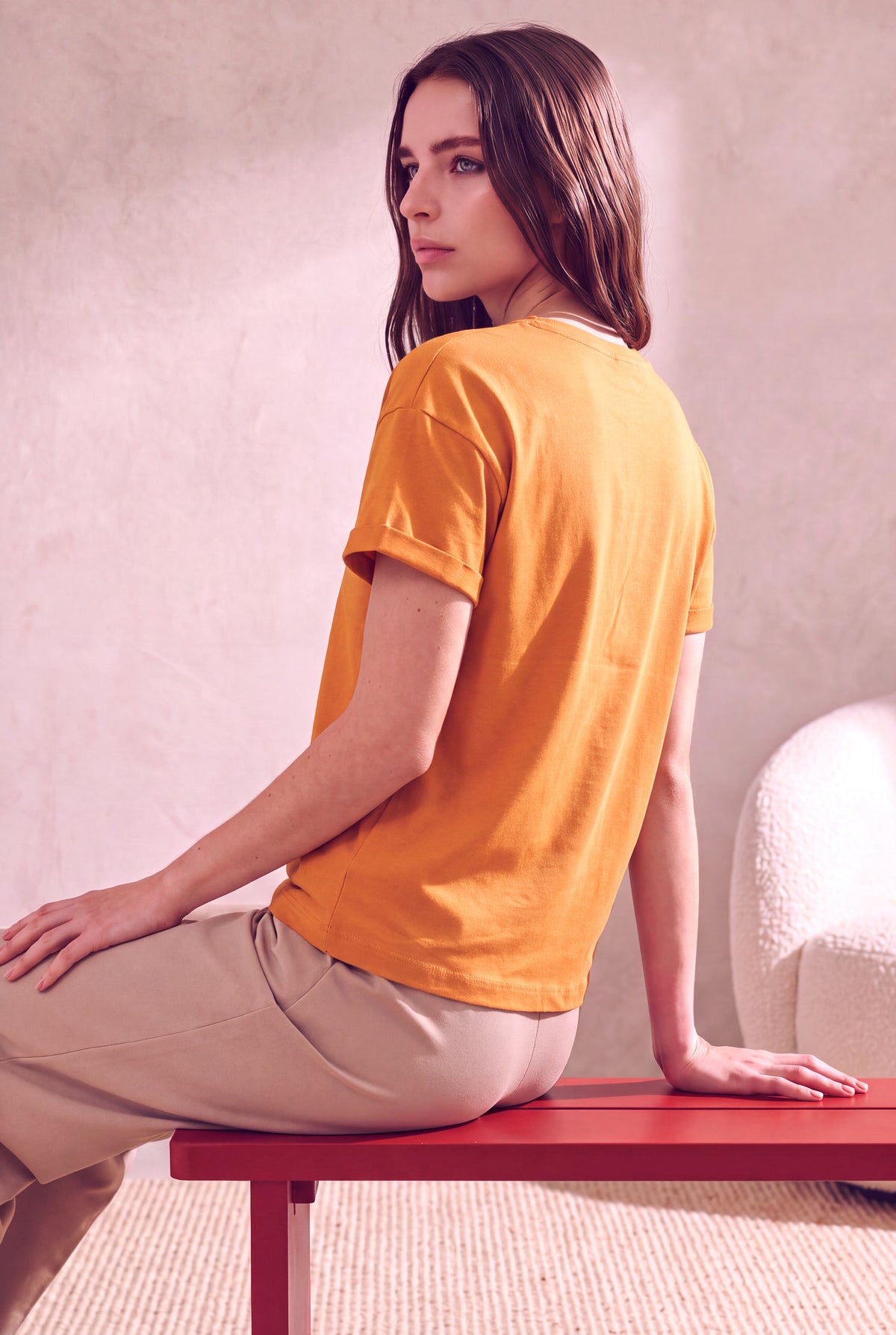 Kadın Modal / Pamuk Altın Sarısı Katlamalı Kısa Kol Detaylı Düşük Omuz Bisiklet Yaka T-Shirt PALMA