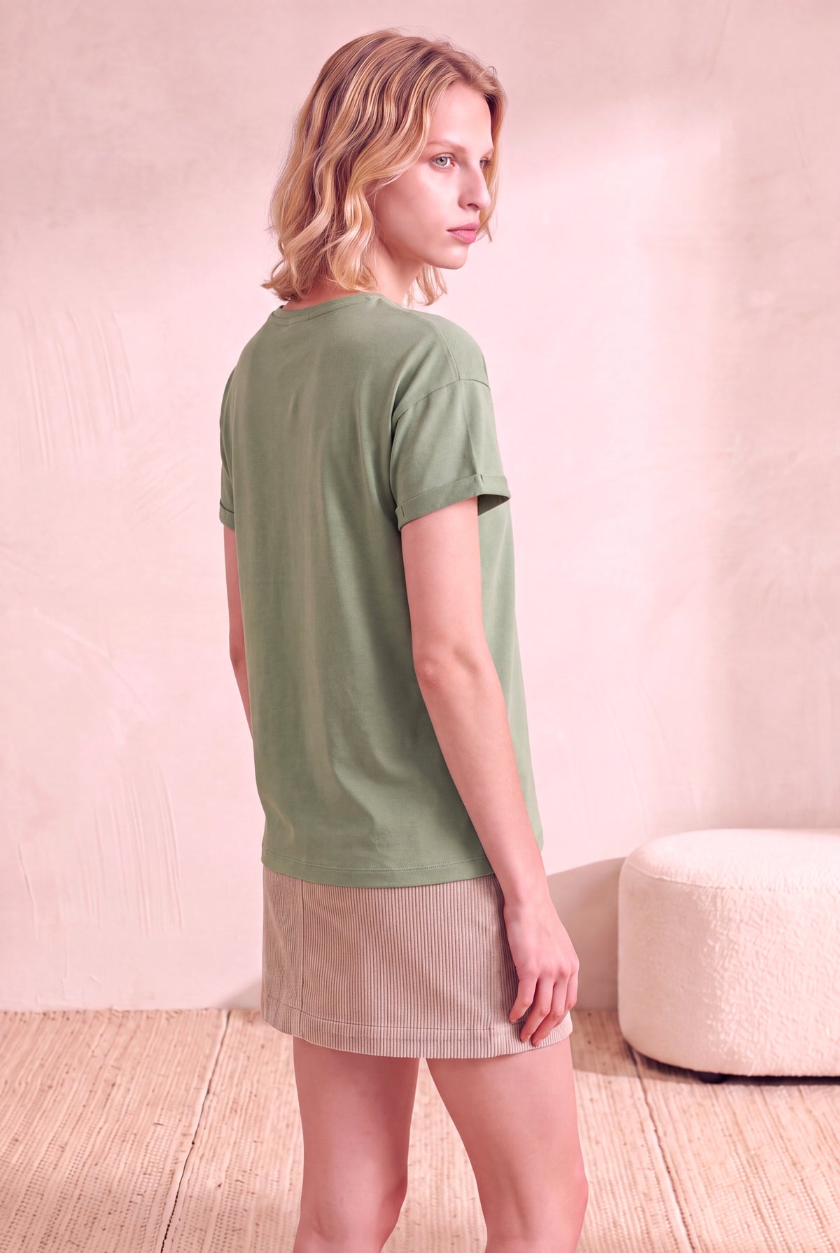 Kadın Modal / Pamuk Yeşil Katlamalı Kısa Kol Detaylı Düşük Omuz Bisiklet Yaka T-Shirt PALMA