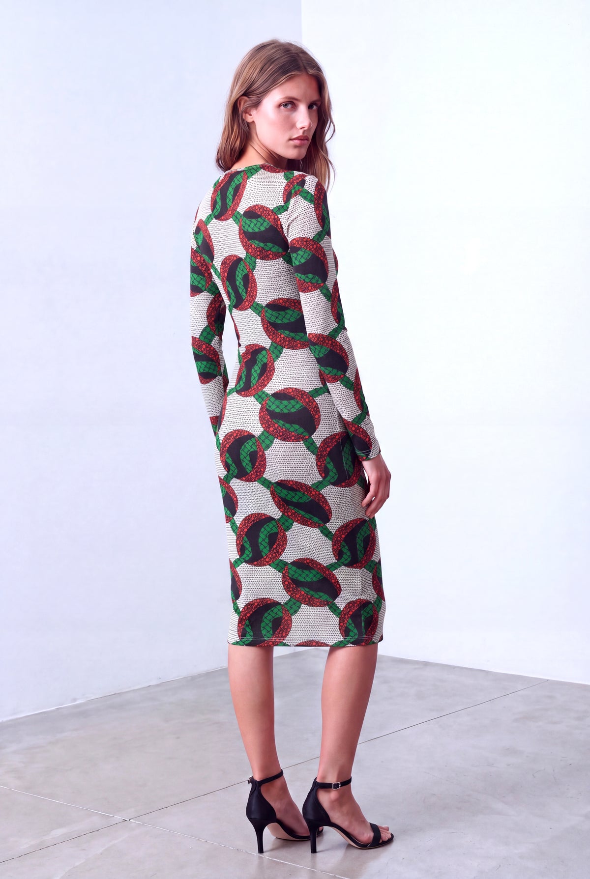 Beyaz Baskılı Kadın Beyaz Baskılı Esnek Dokulu Bisiklet Yaka Uzun Kollu Elbise STELLA - Dress - Westmark London EU(TR) Store Organik Pamuklu Sürdürülebilir Moda