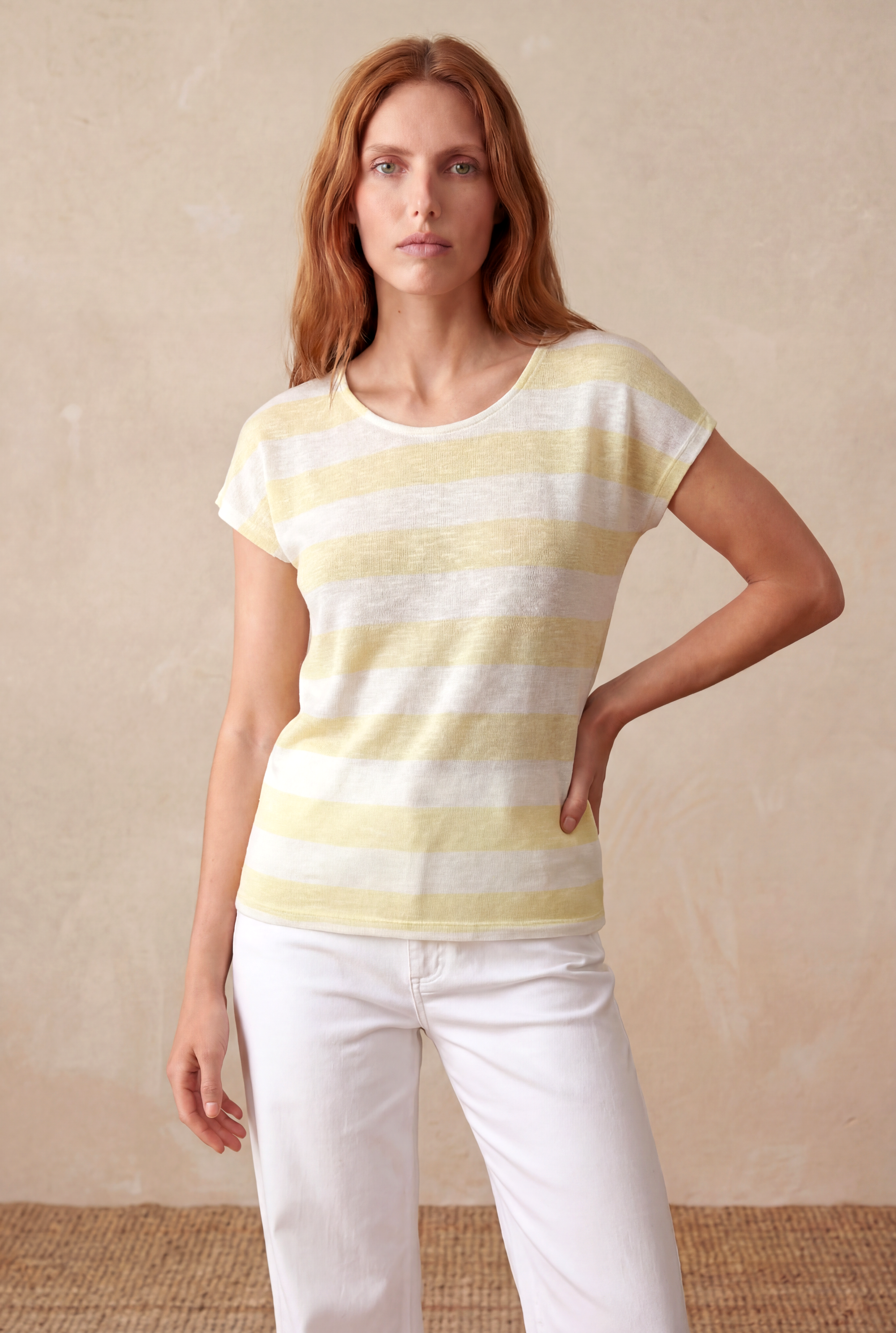 Kadın Regular Fit Bisiklet Yaka Kısa Kol Ekru / Sarı Çizgili Viskon / Elastan T-Shirt WILDA - Top - Westmark London EU(TR) Store Organik Pamuklu Sürdürülebilir Moda