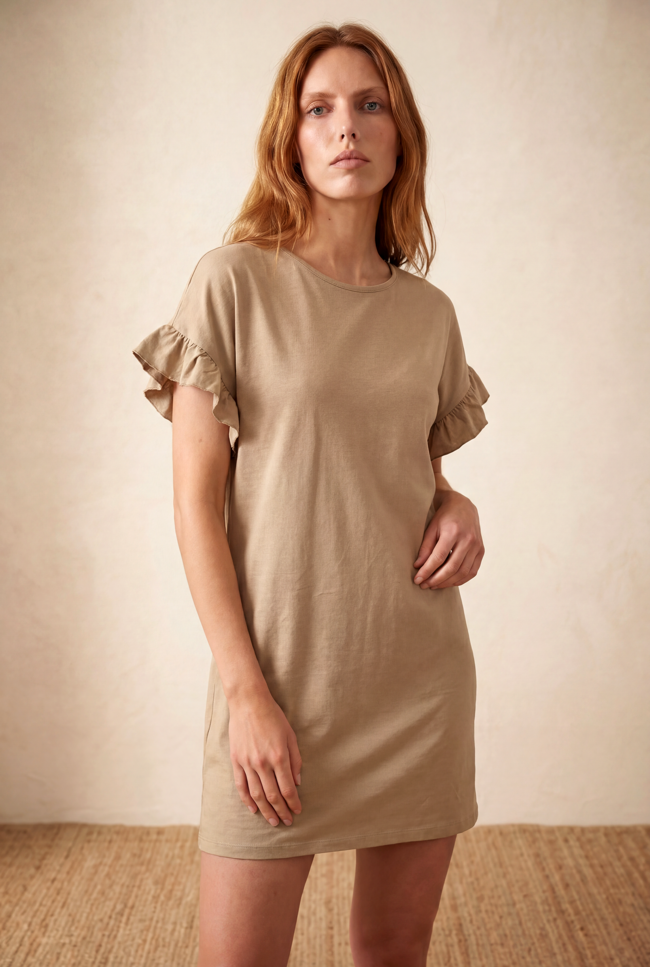Kadın Rahat Kesim Bisiklet Yaka Fırfır Detaylı Kısa Kollu Bej Modal / Pamuk / Elastan Karışımlı Mini Elbise PAULA - Dress - Westmark London EU(TR) Store Organik Pamuklu Sürdürülebilir Moda