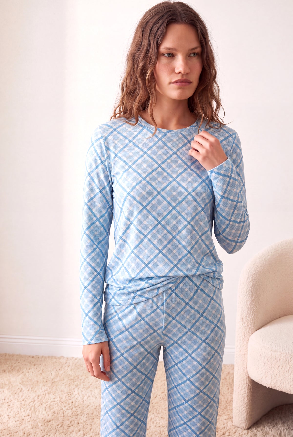 Kadın %100 Pamuk Ribana Mavi Ekose Desenli Uzun Kollu Bisiklet Yaka Uzun Altlı Pijama Takım PJJANE