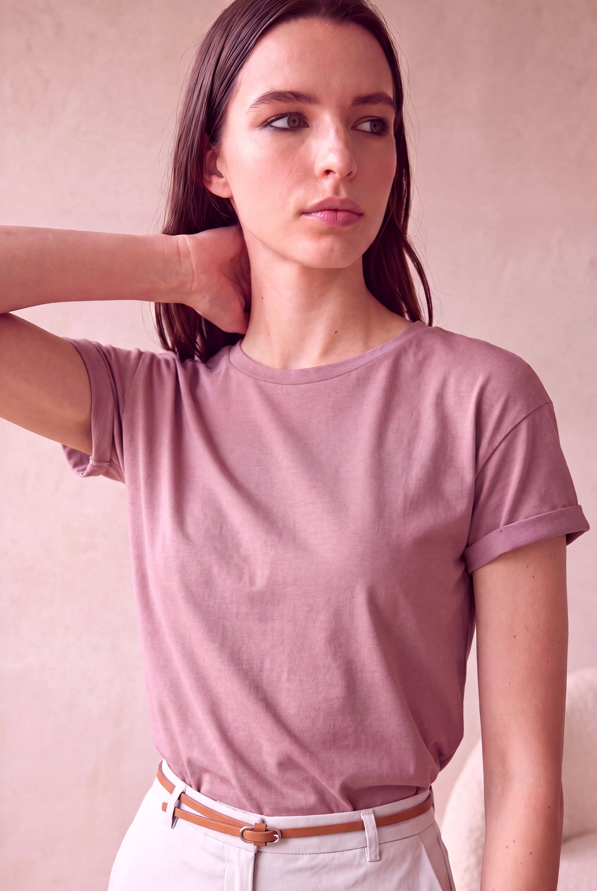 Kadın Pamuklu Pembe Katlamalı Kısa Kol Detaylı Düşük Omuz Bisiklet Yaka T-Shirt PALMA