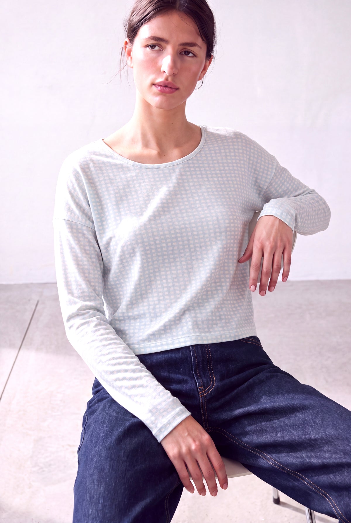 Açık Yeşil Kadın Açık Yeşil Viskon Bisiklet Yaka Uzun Kollu Pötikare Baskılı Bluz GIGI - Top - Westmark London EU(TR) Store Organik Pamuklu Sürdürülebilir Moda