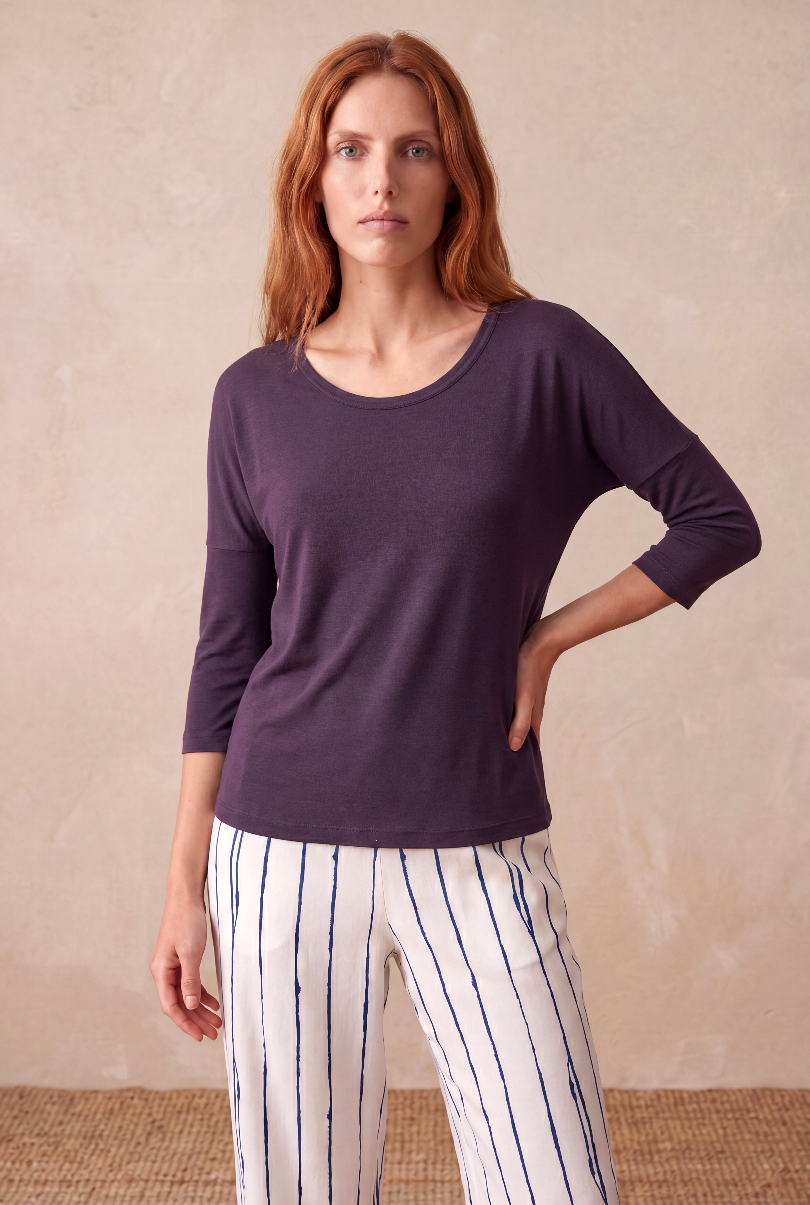 Kadın Mor Viskon Relaxed Fit Bisiklet Yaka 3/4 Kol Düşük Omuz Bluz LIA