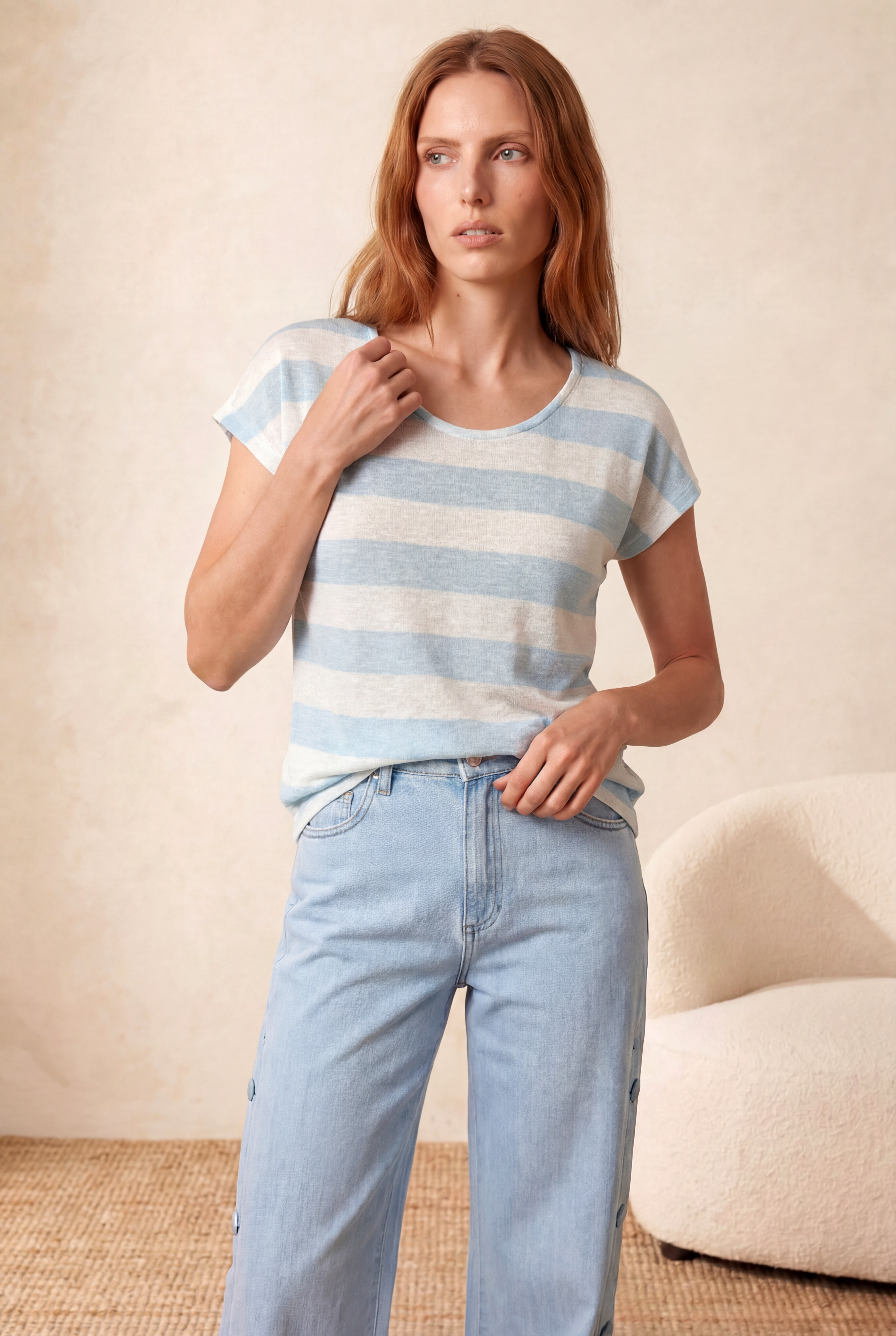 Kadın Regular Fit Bisiklet Yaka Kısa Kol Ekru / Buz Mavisi Çizgili Viskon / Elastan T-Shirt WILDA - Top - Westmark London EU(TR) Store Organik Pamuklu Sürdürülebilir Moda