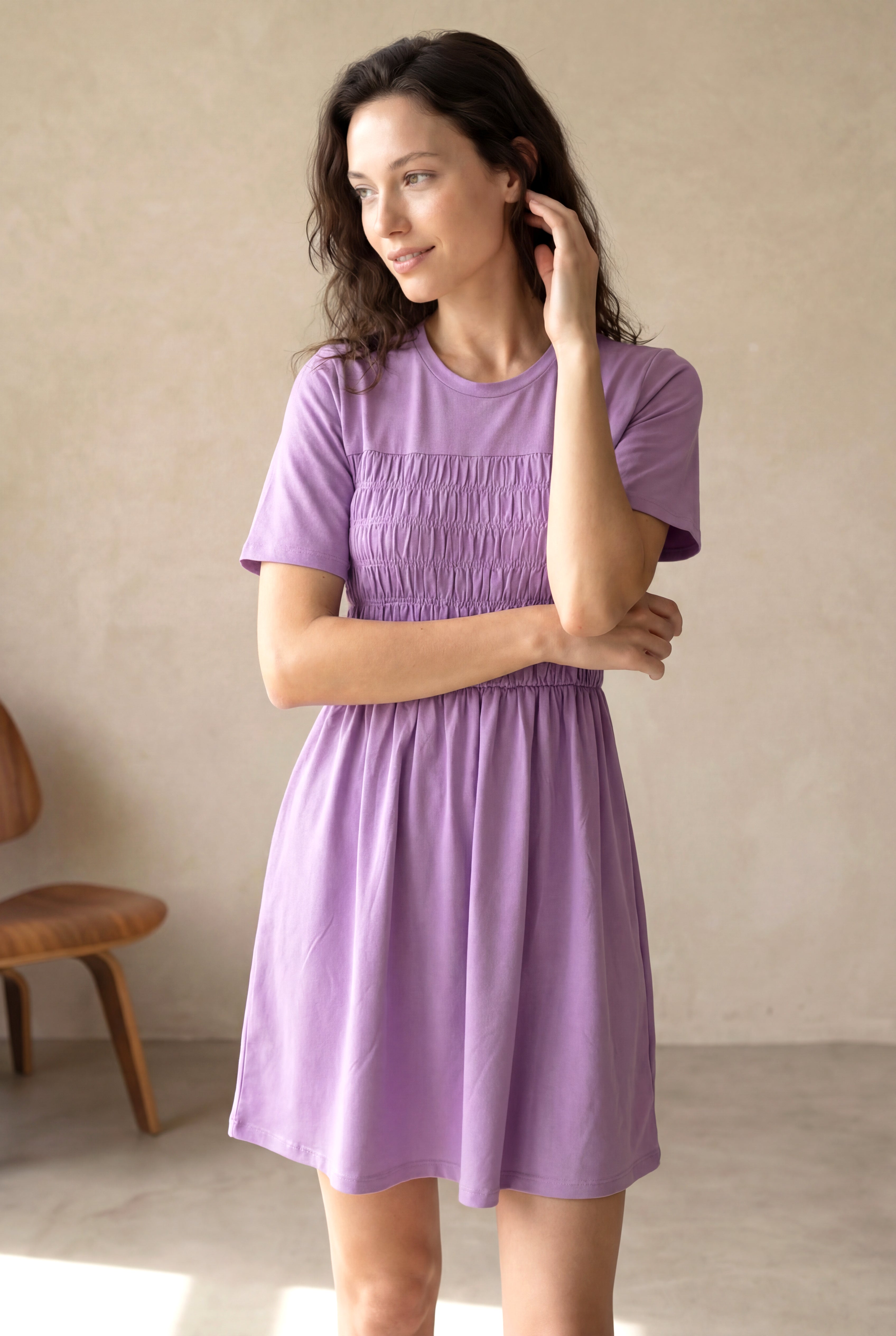 Kadın Regular Fit Bisiklet Yaka Pamuk / Elastan Kısa Kol Lilac Elbise CLAUDIA