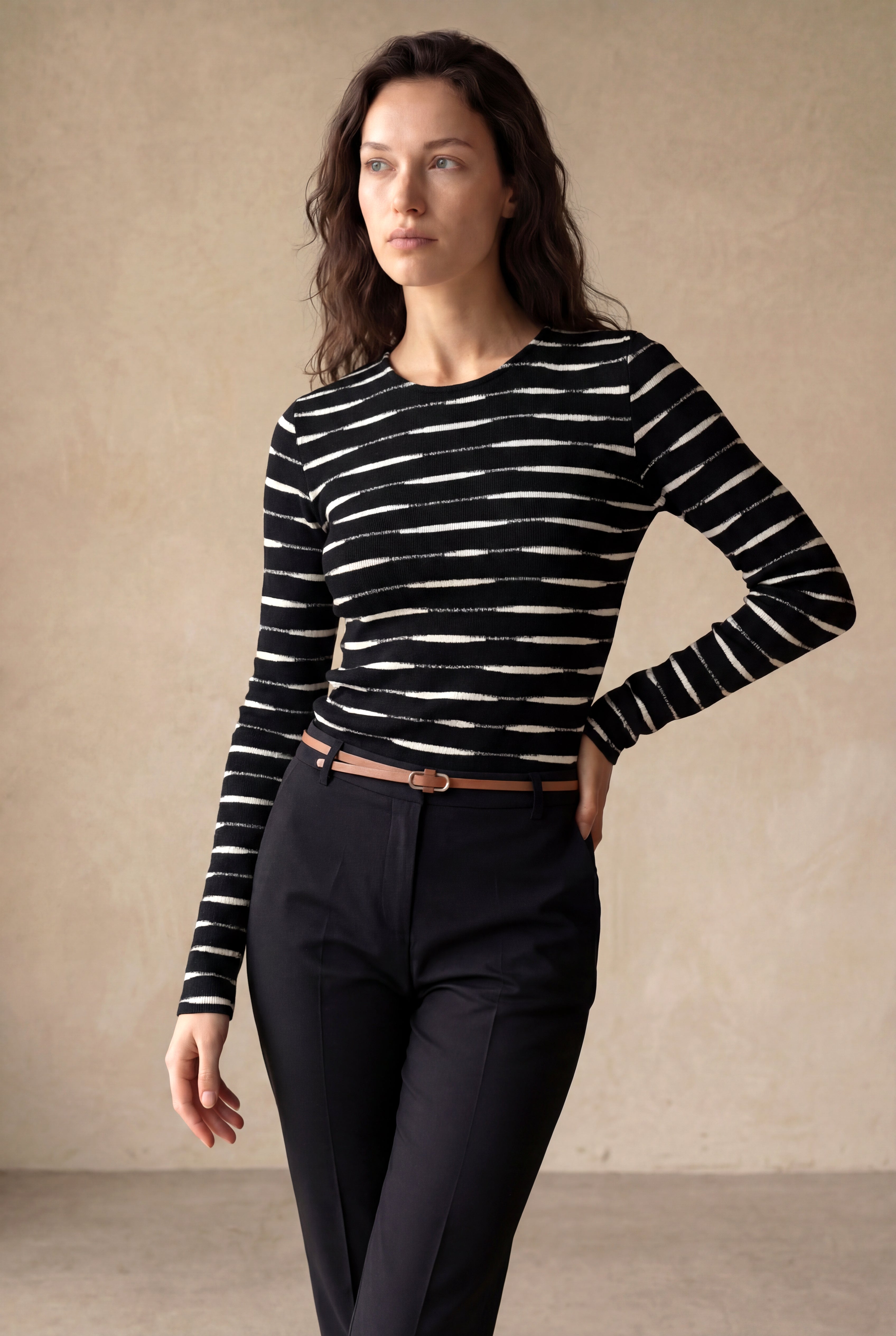 Kadın Regular Fit Bisiklet Yaka Polyester / Viskon / Elastan Uzun Kol Siyah / Ekru Çizgili Bluz ADELE - Top - Westmark London EU(TR) Store Organik Pamuklu Sürdürülebilir Moda