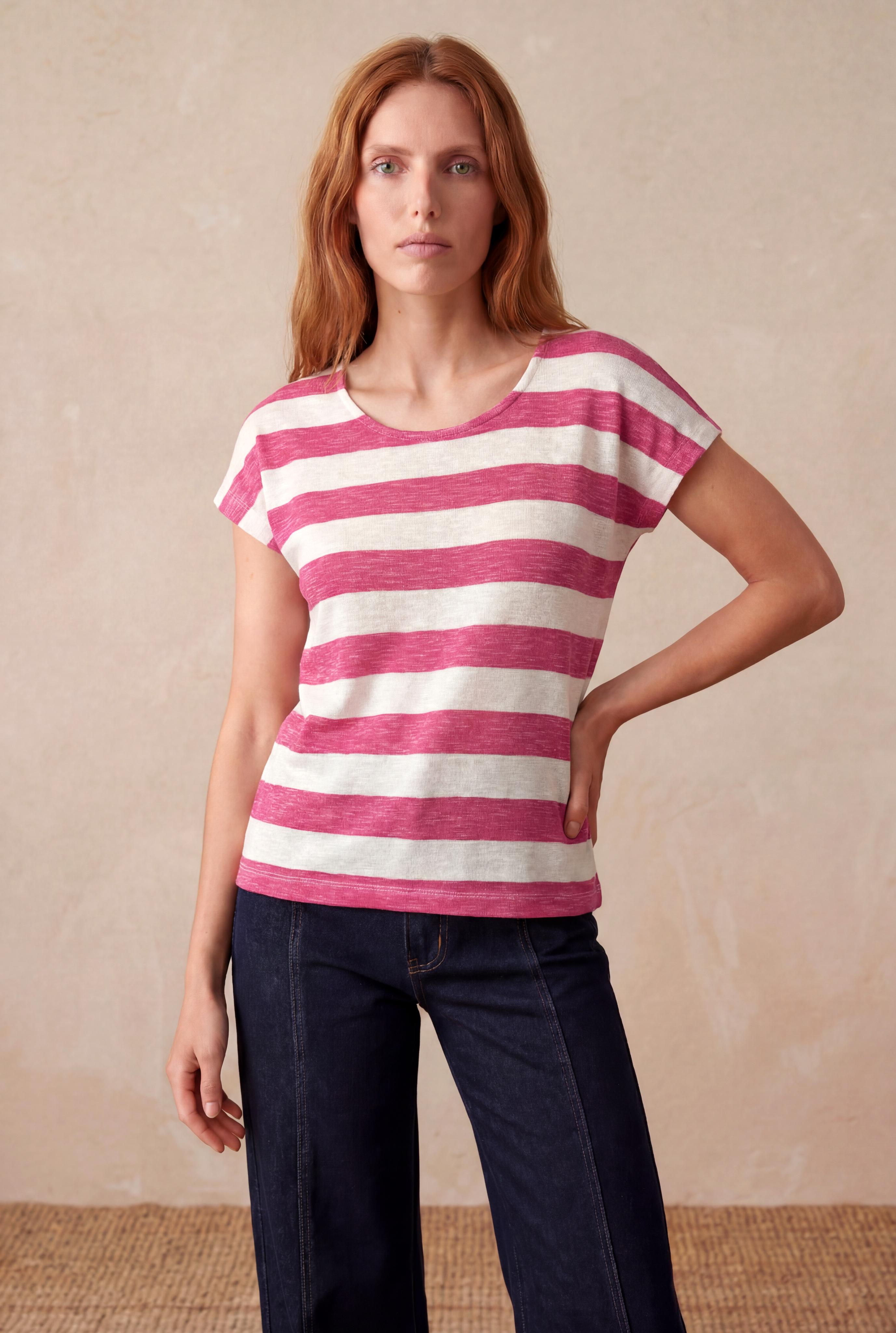 Kadın Regular Fit Bisiklet Yaka Kısa Kol Ekru / Mor Çizgili Viskon / Elastan T-Shirt WILDA - Top - Westmark London EU(TR) Store Organik Pamuklu Sürdürülebilir Moda