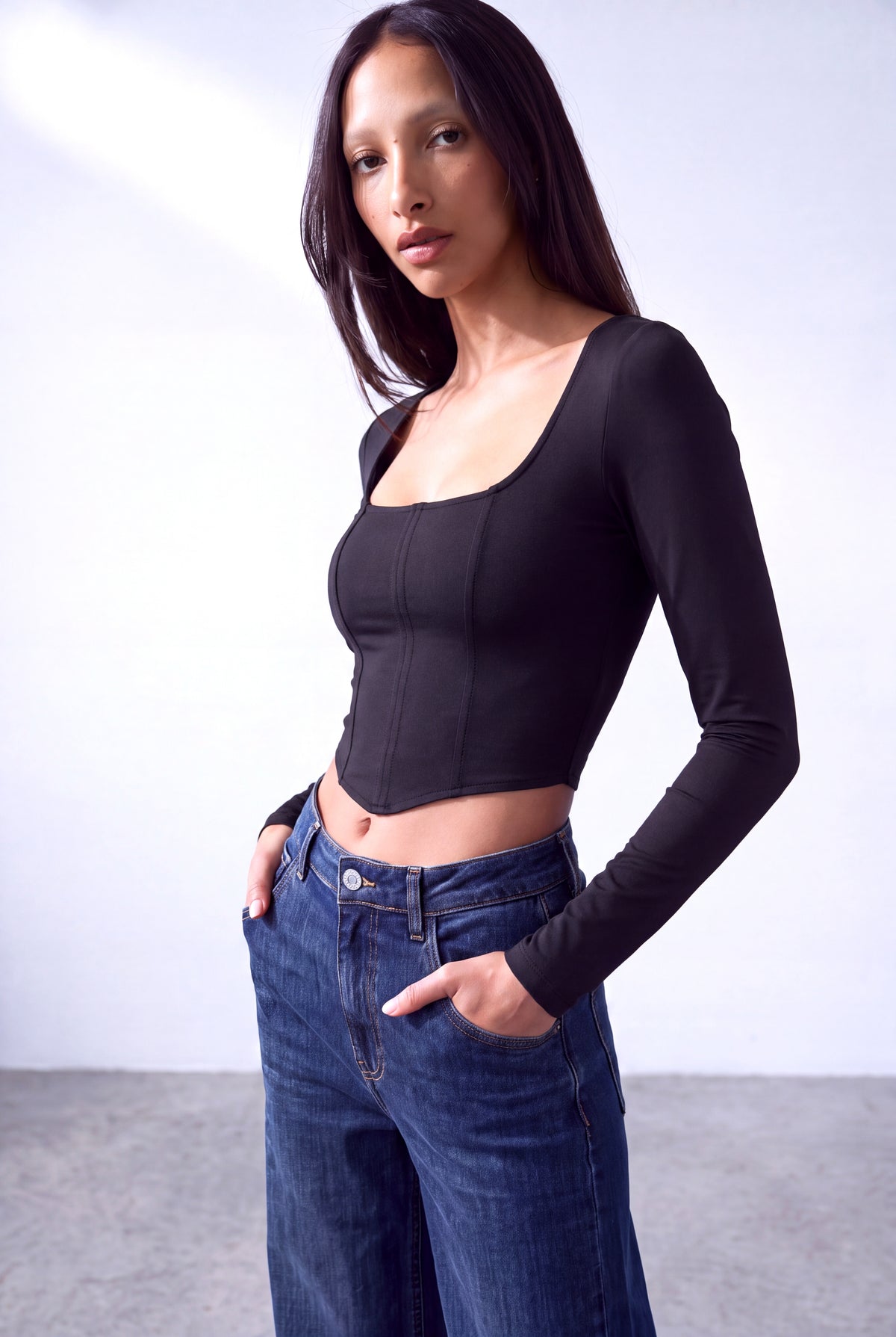 Siyah Kadın Siyah Esnek Kare Yaka Uzun Kollu Korse Görünümlü Bluz VIOLETTE - Top - Westmark London EU(TR) Store Organik Pamuklu Sürdürülebilir Moda