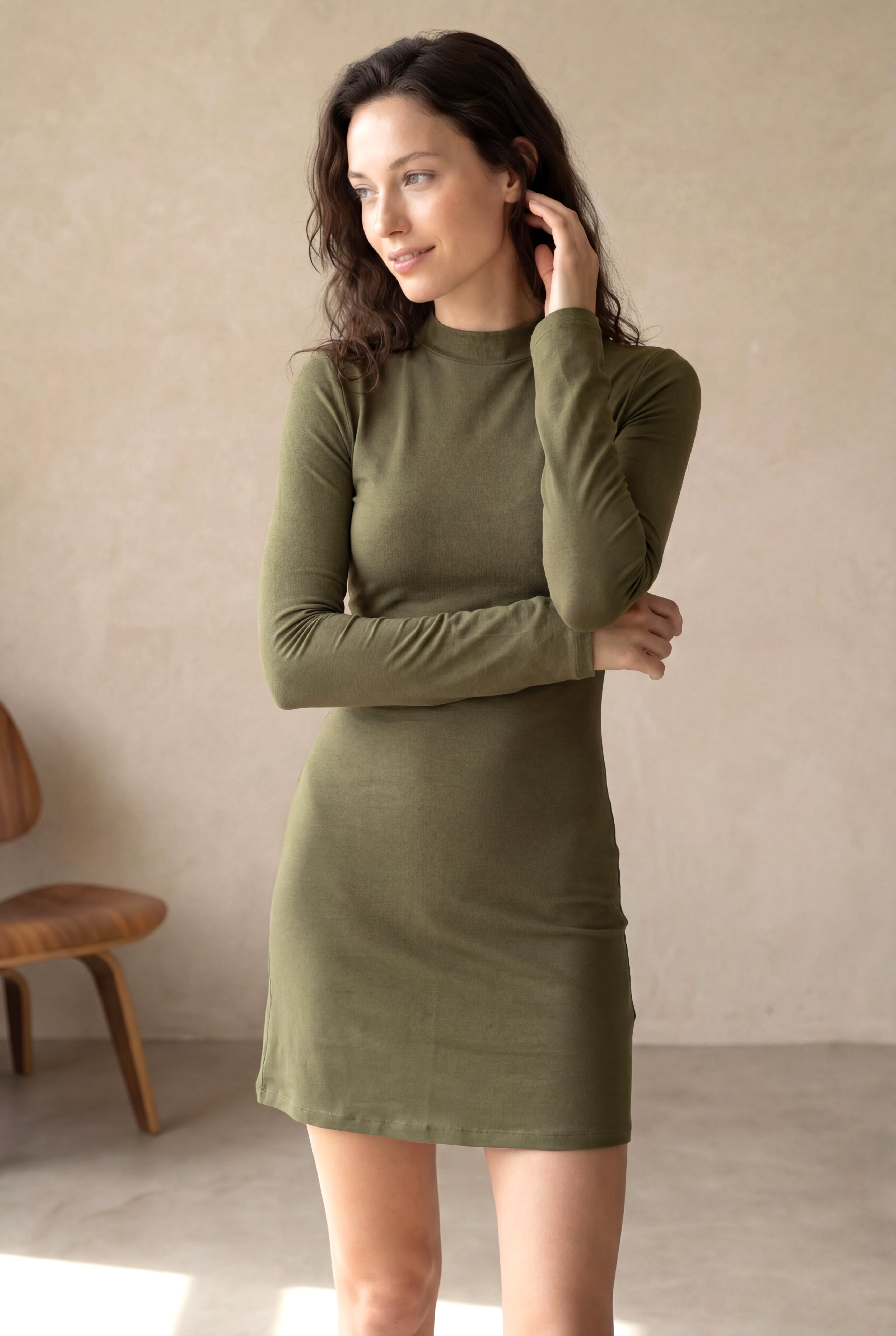 Kadın Regular Fit Dik Yaka Pamuk / Elastan Balon Kol Haki Mini Elbise DENISE - Dress - Westmark London EU(TR) Store Organik Pamuklu Sürdürülebilir Moda