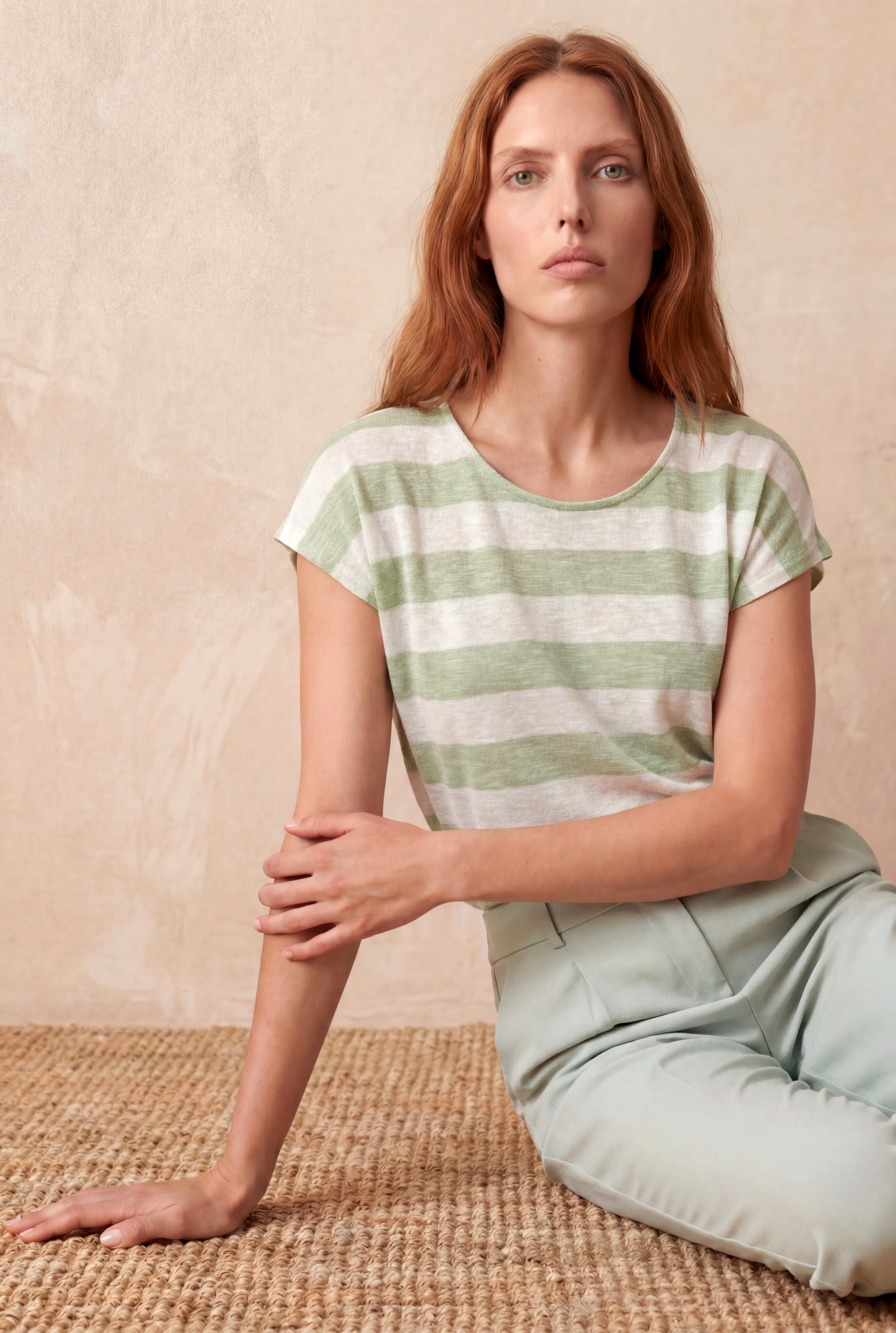 Kadın Regular Fit Bisiklet Yaka Kısa Kol Ekru / Light Yeşil Çizgili Viskon / Elastan T-Shirt WILDA - Top - Westmark London EU(TR) Store Organik Pamuklu Sürdürülebilir Moda