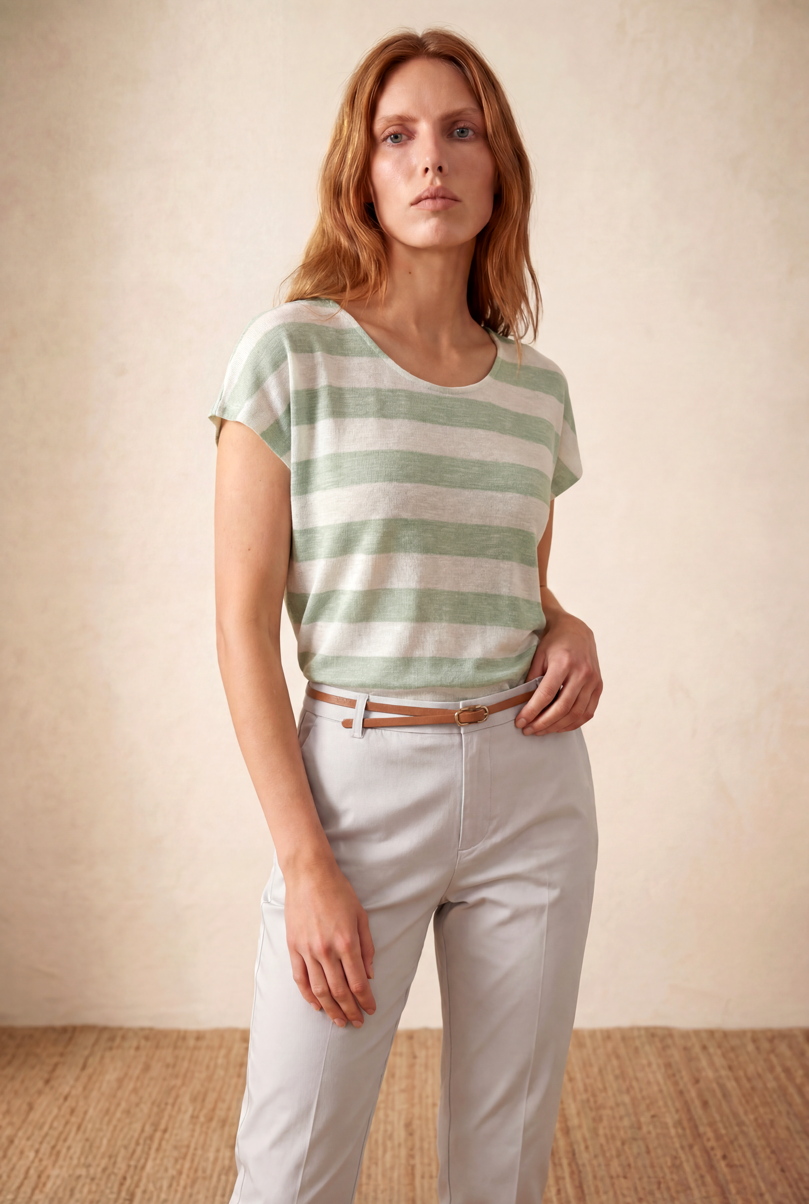 Kadın Regular Fit Bisiklet Yaka Kısa Kol Ekru / Limon Yeşili Çizgili Viskon / Elastan T-Shirt WILDA - Top - Westmark London EU(TR) Store Organik Pamuklu Sürdürülebilir Moda