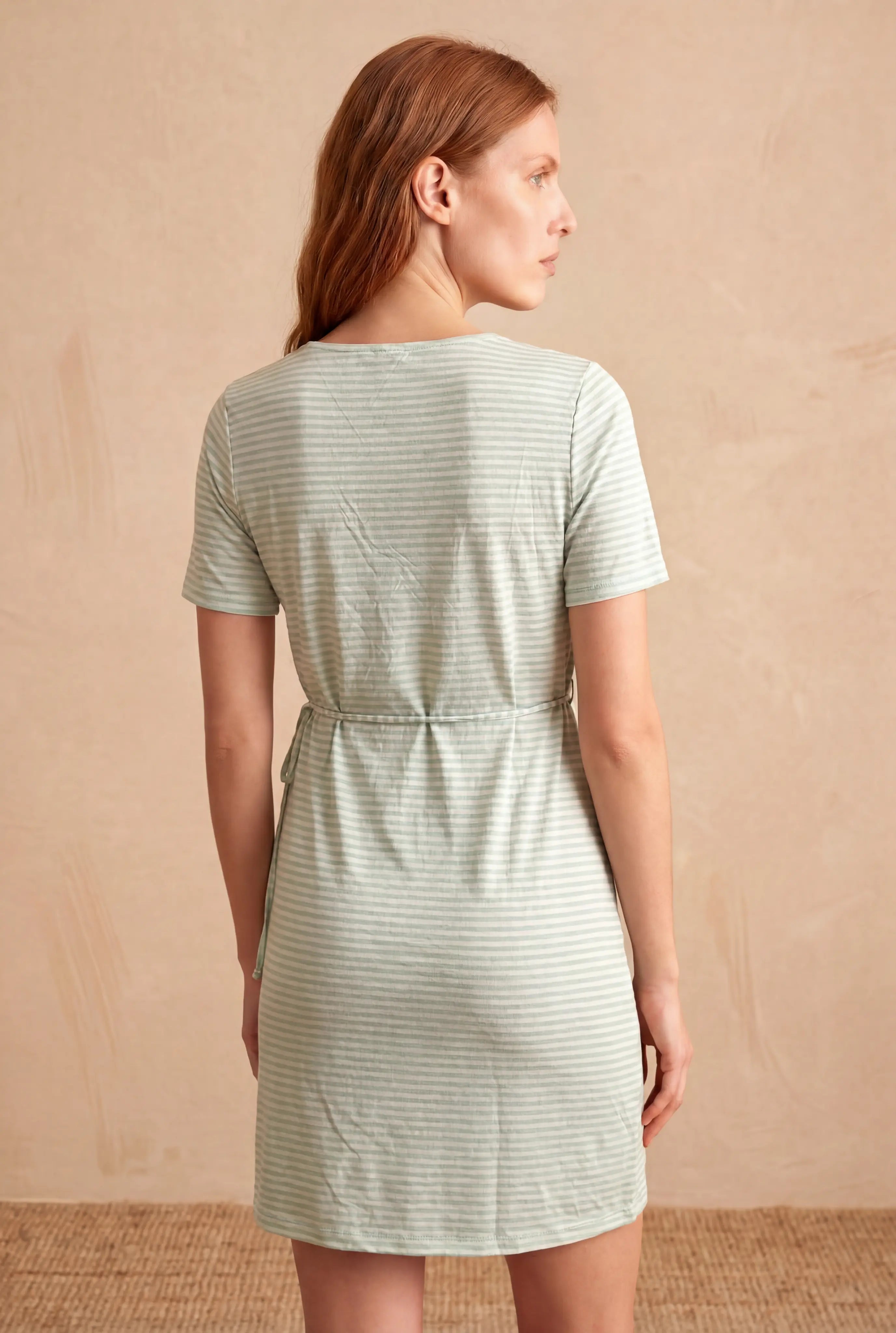 Kadın Regular Fit V-Yaka Kısa Kollu Yeşil, Beyaz Çizgili Viskon Karışımlı Mini Elbise KELLY - Dress - Westmark London EU(TR) Store Organik Pamuklu Sürdürülebilir Moda