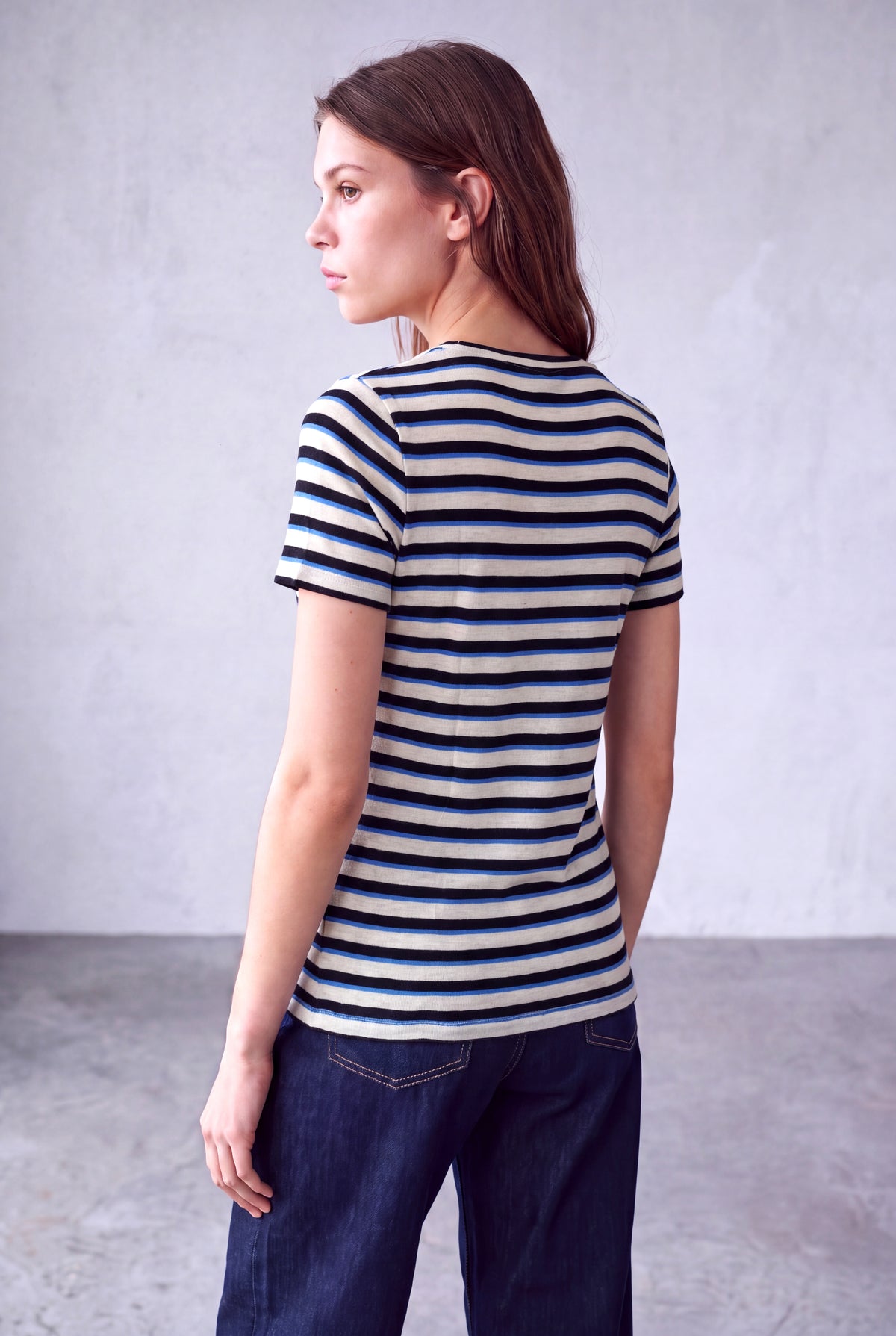 Mavi Çizgili Kadın Mavi Çizgili Viskon Karışımlı Bisiklet Yaka Kısa Kollu Süzene Nakış Detaylı T-Shirt KIRSTY - Top - Westmark London EU(TR) Store Organik Pamuklu Sürdürülebilir Moda
