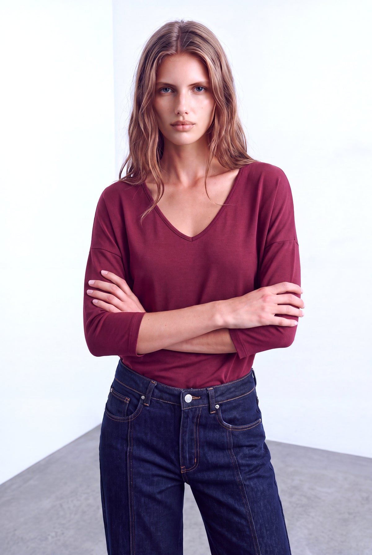 Bordo Kadın Bordo Modal Karışımlı V Yaka 3/4 Kol Düşük Omuzlu Bluz KARA - Top - Westmark London EU(TR) Store Organik Pamuklu Sürdürülebilir Moda