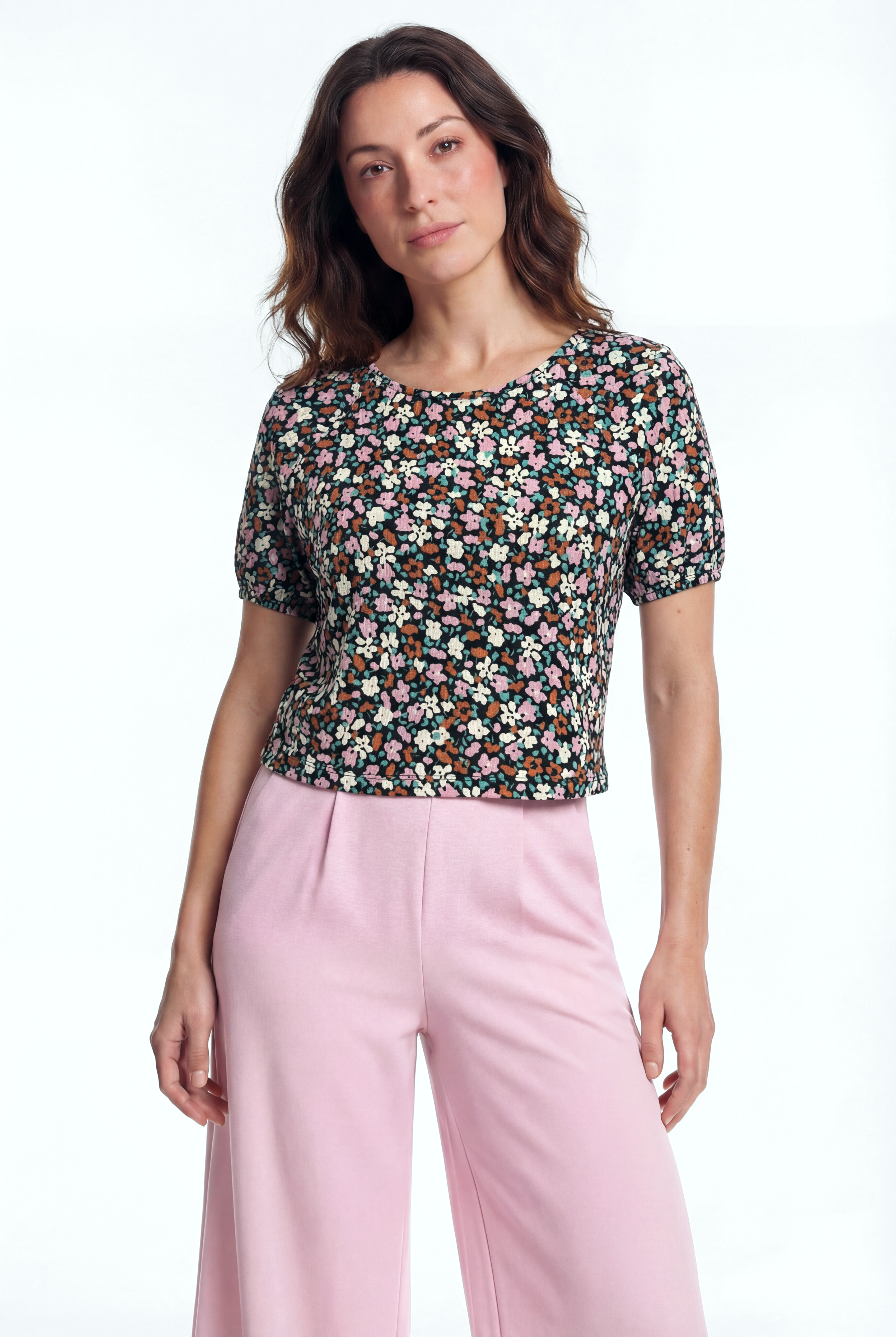 Kadın Bisiklet Yaka Kısa Kollu Desenli Crop Üst CARMEN