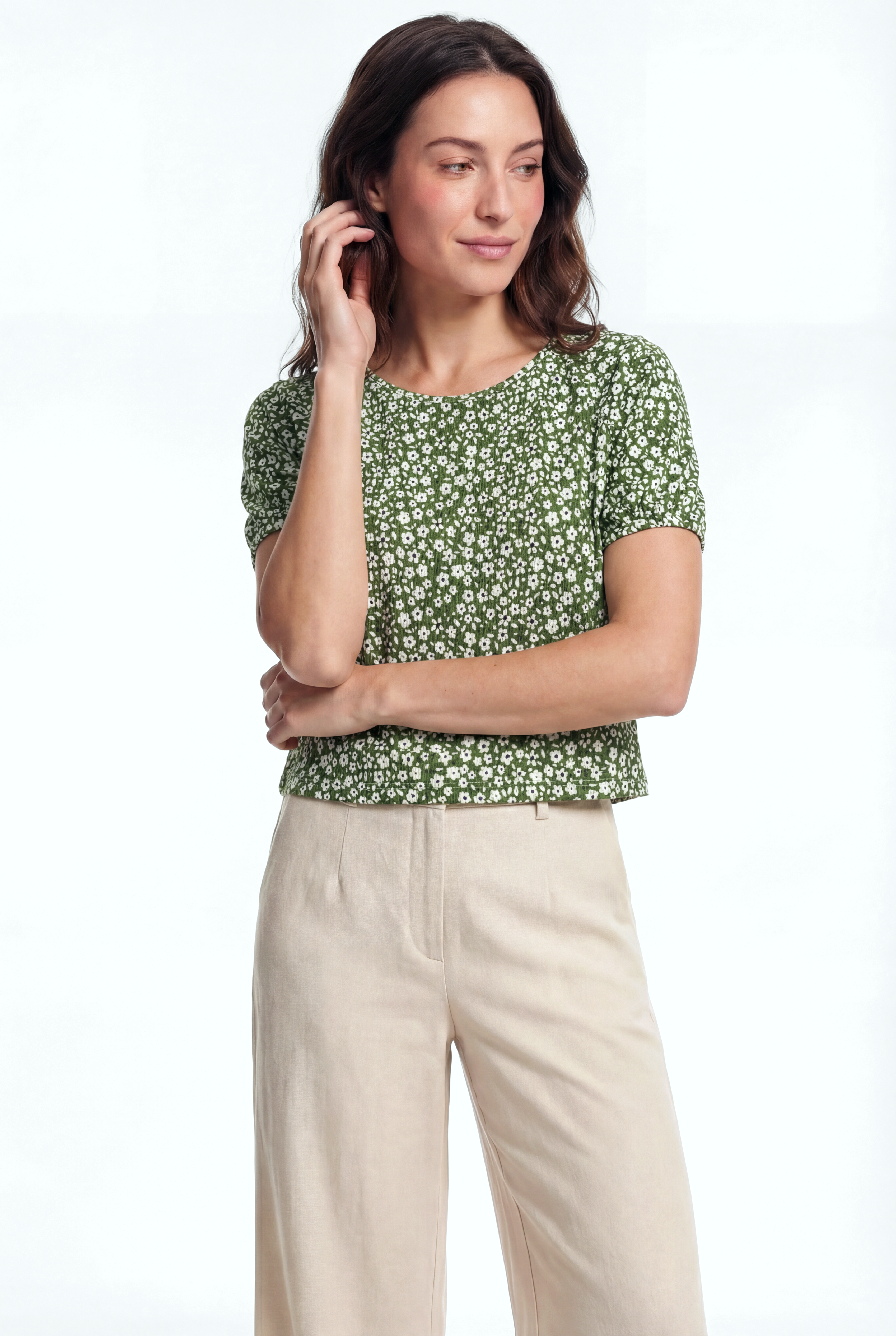 Kadın Bisiklet Yaka Kısa Kollu Desenli Crop Üst CARMEN