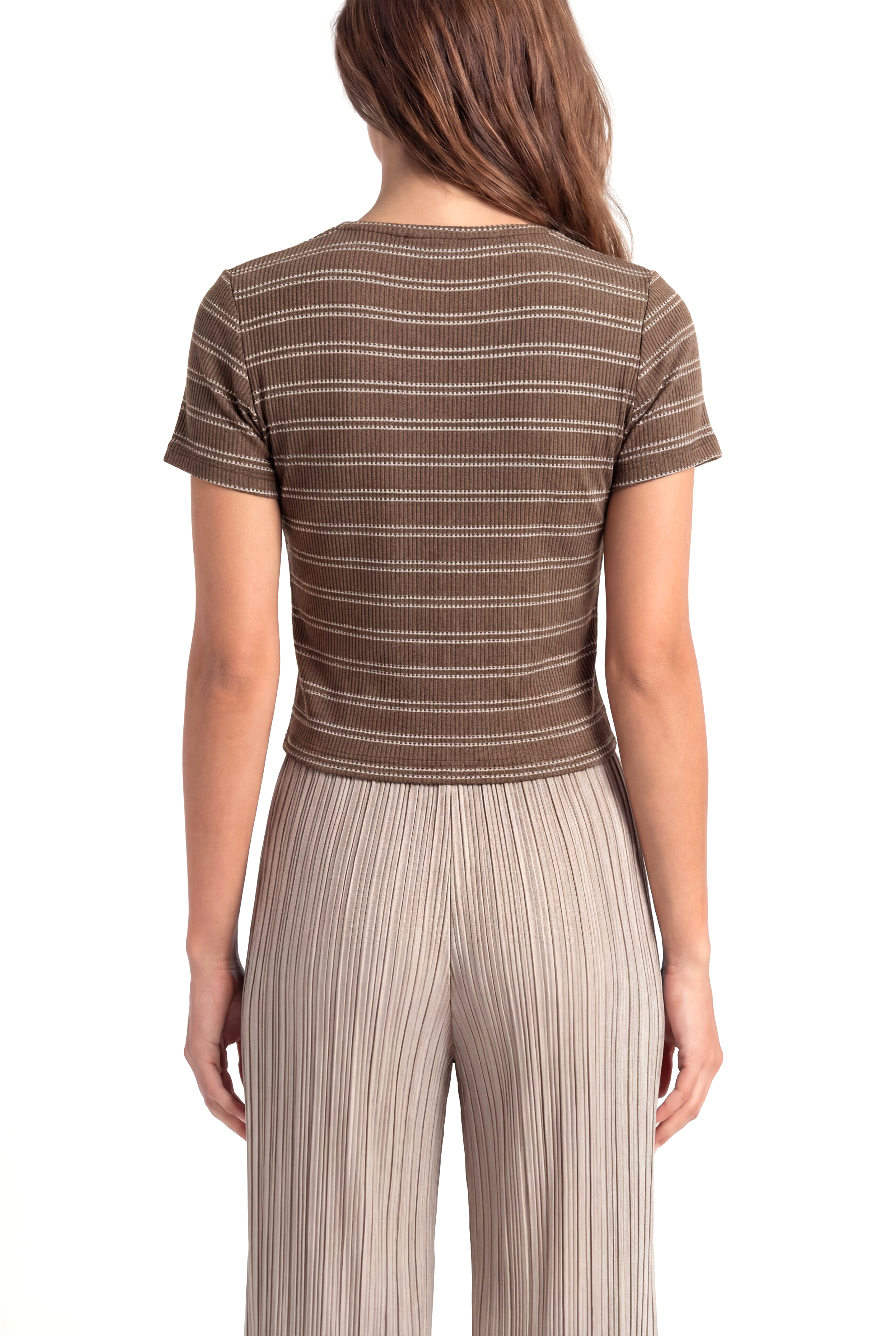 Kahve Bej Çizgili Bisiklet Yaka Kısa Kollu Kadın Crop T-Shirt SANDY S/S TOP - T-Shirt - Westmark London EU(TR) Store Organik Pamuklu Sürdürülebilir Moda