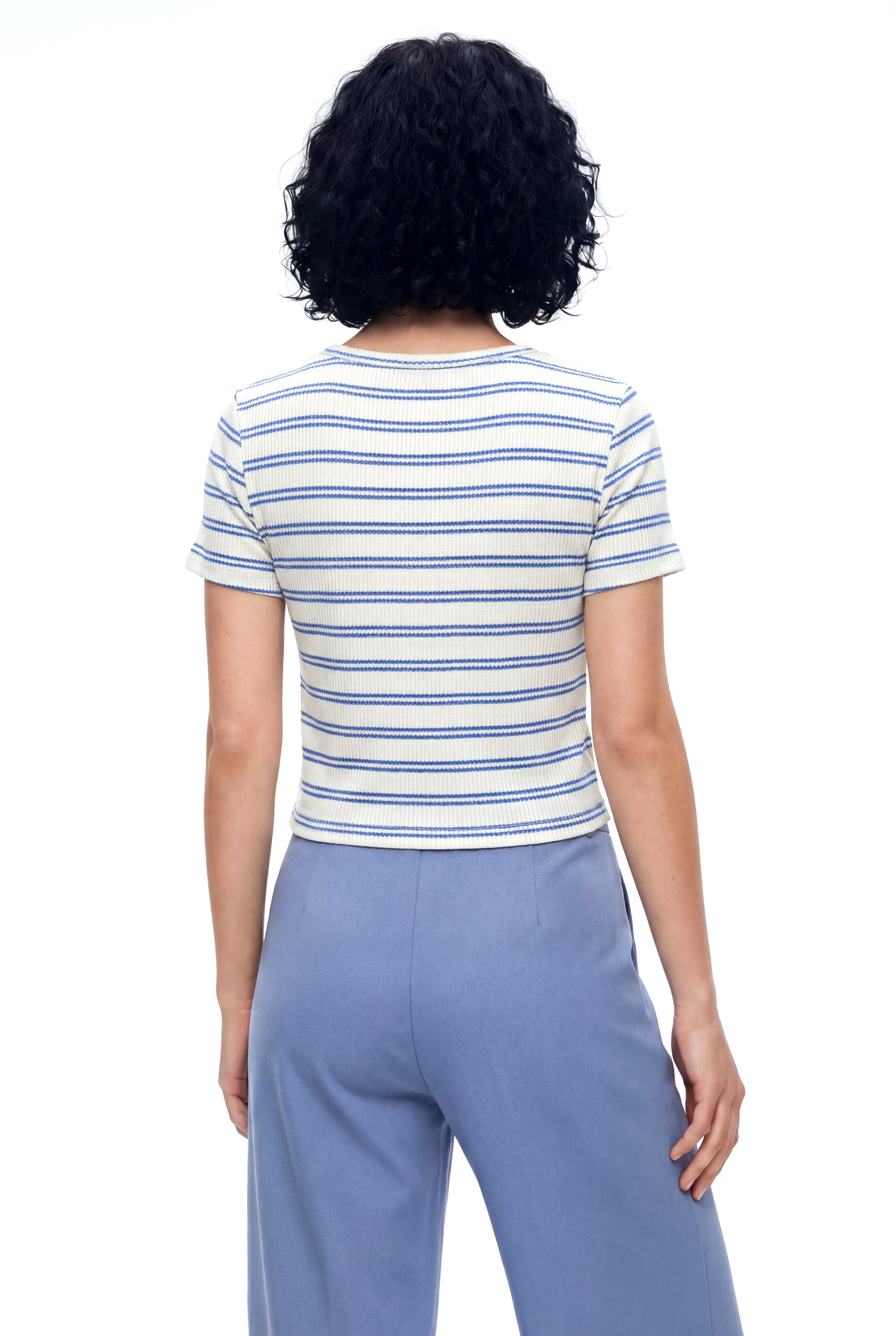 Mavi Beyaz Çizgili Bisiklet Yaka Kısa Kollu Kadın Crop T-Shirt SANDY S/S TOP - T-Shirt - Westmark London EU(TR) Store Organik Pamuklu Sürdürülebilir Moda