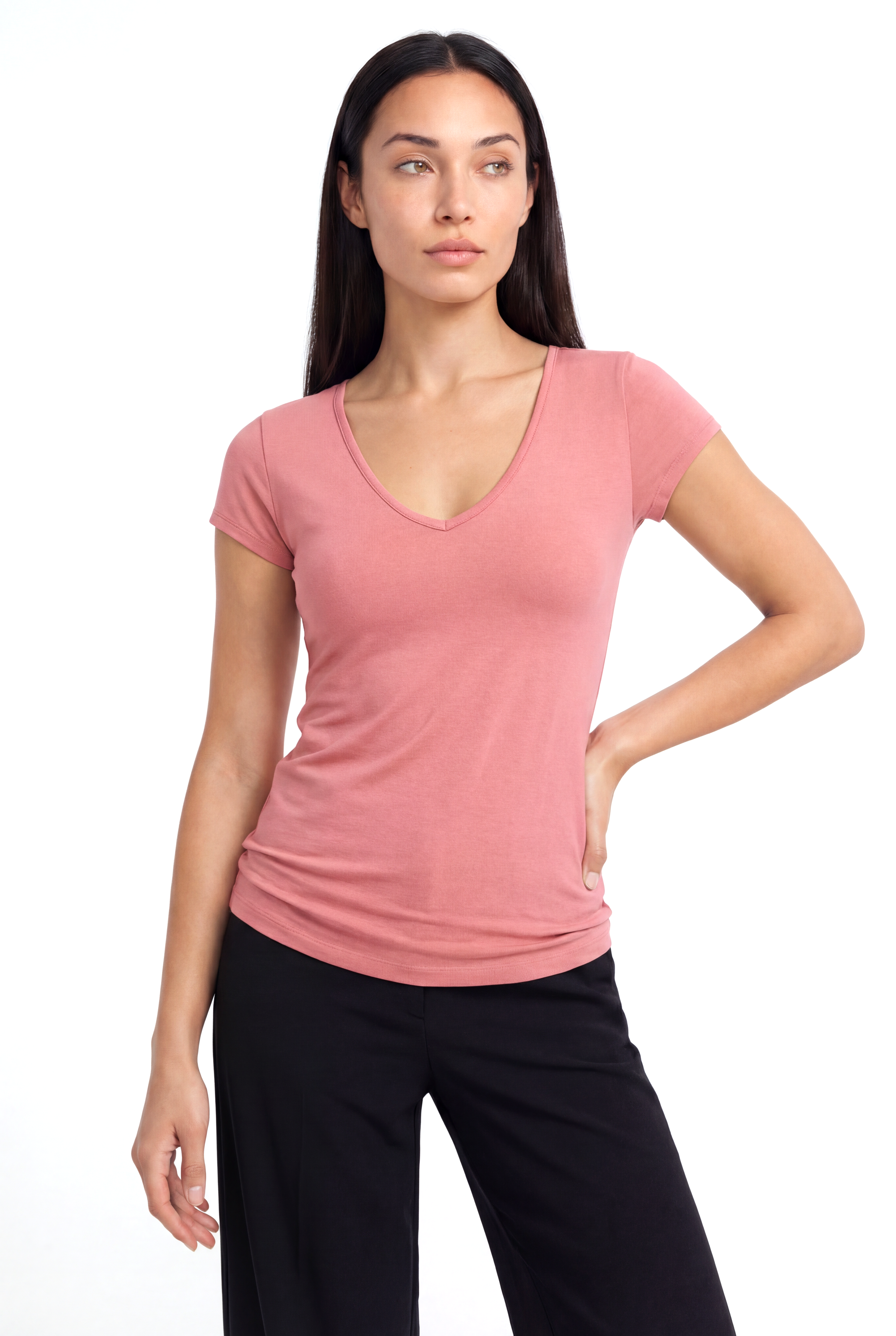 Pembe V Yaka Kısa Kollu Kadın T-Shirt VALLI V-NECK S/S TOP