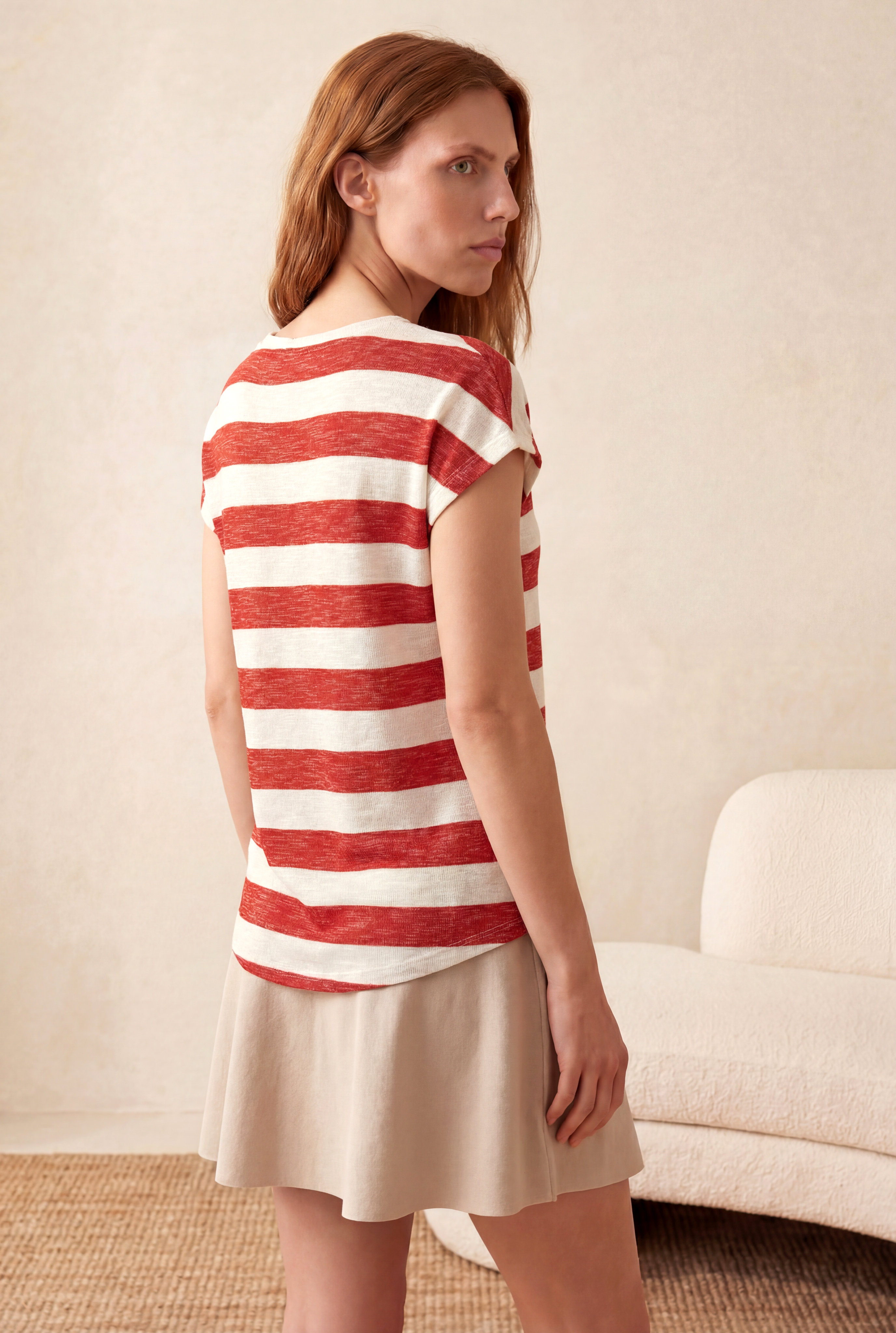 Kadın Regular Fit Bisiklet Yaka Kısa Kol Ekru / Kiremit Kırmızı Çizgili Viskon / Elastan T-Shirt WILDA - Top - Westmark London EU(TR) Store Organik Pamuklu Sürdürülebilir Moda