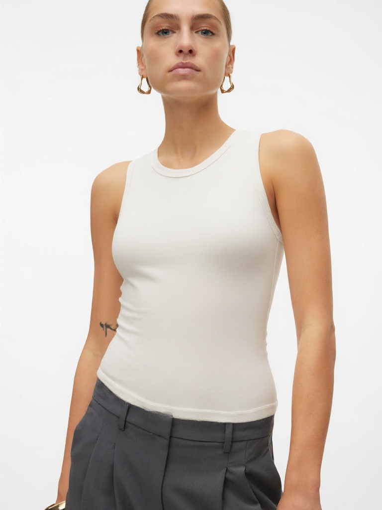 White Bisiklet Yaka Modal Kolsuz Kadın T-Shirt SHARON S/L RIB TOP