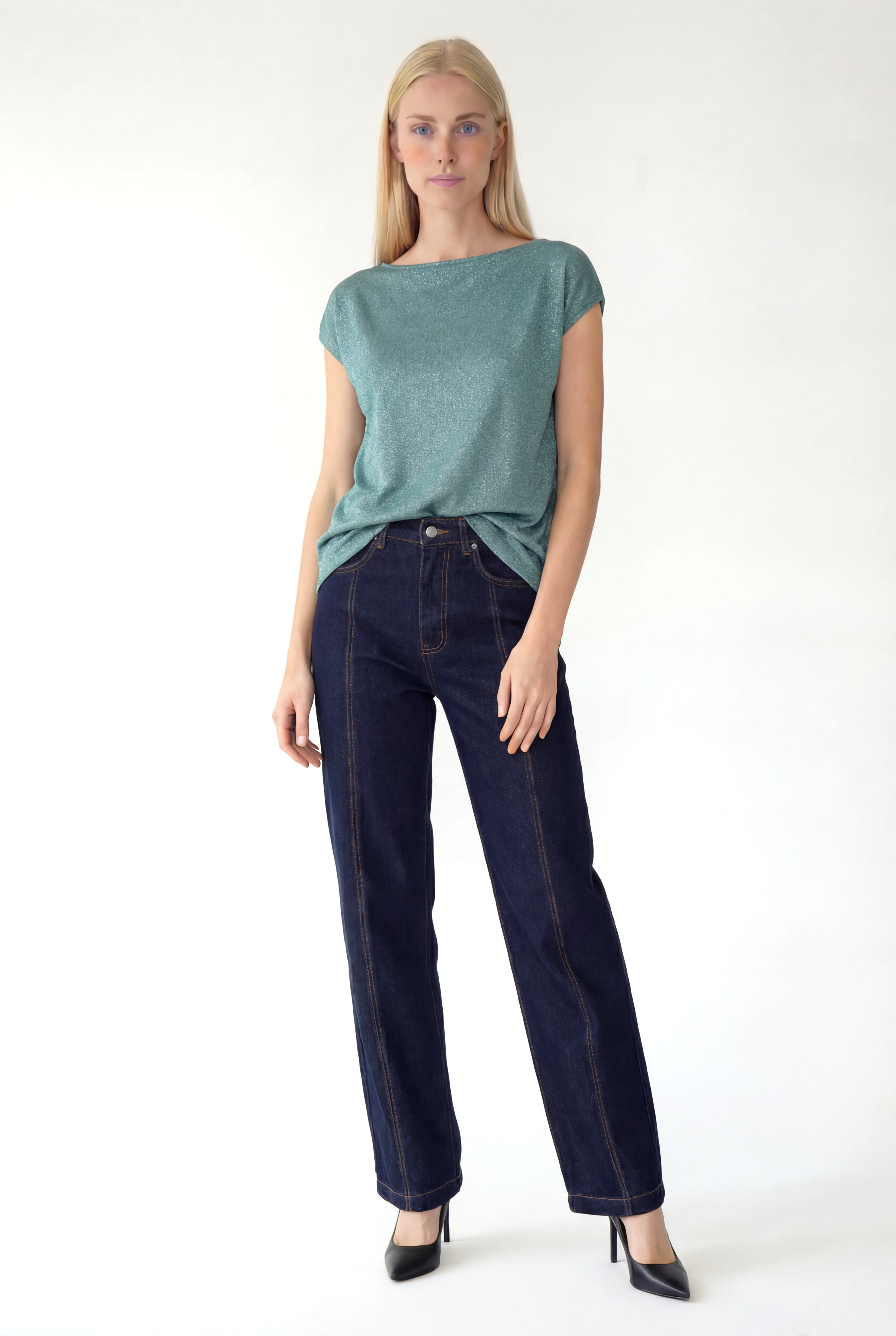 Turkuaz Bisiklet Yaka Simli Kısa Kollu Kadın T-Shirt SKY GLITTER S/S TOP - Tops - Westmark London EU(TR) Store Organik Pamuklu Sürdürülebilir Moda