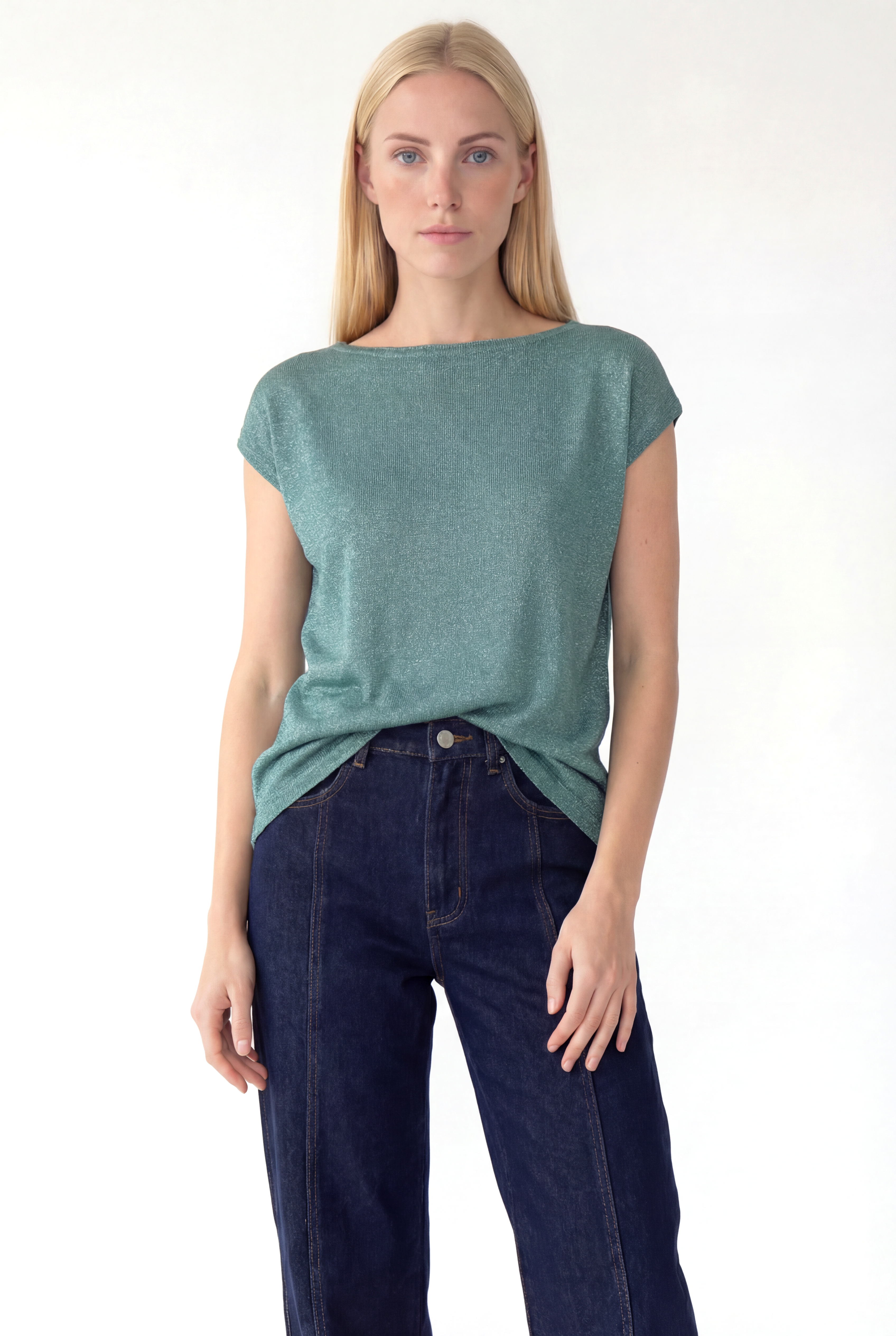 Turkuaz Bisiklet Yaka Simli Kısa Kollu Kadın T-Shirt SKY GLITTER S/S TOP - Tops - Westmark London EU(TR) Store Organik Pamuklu Sürdürülebilir Moda