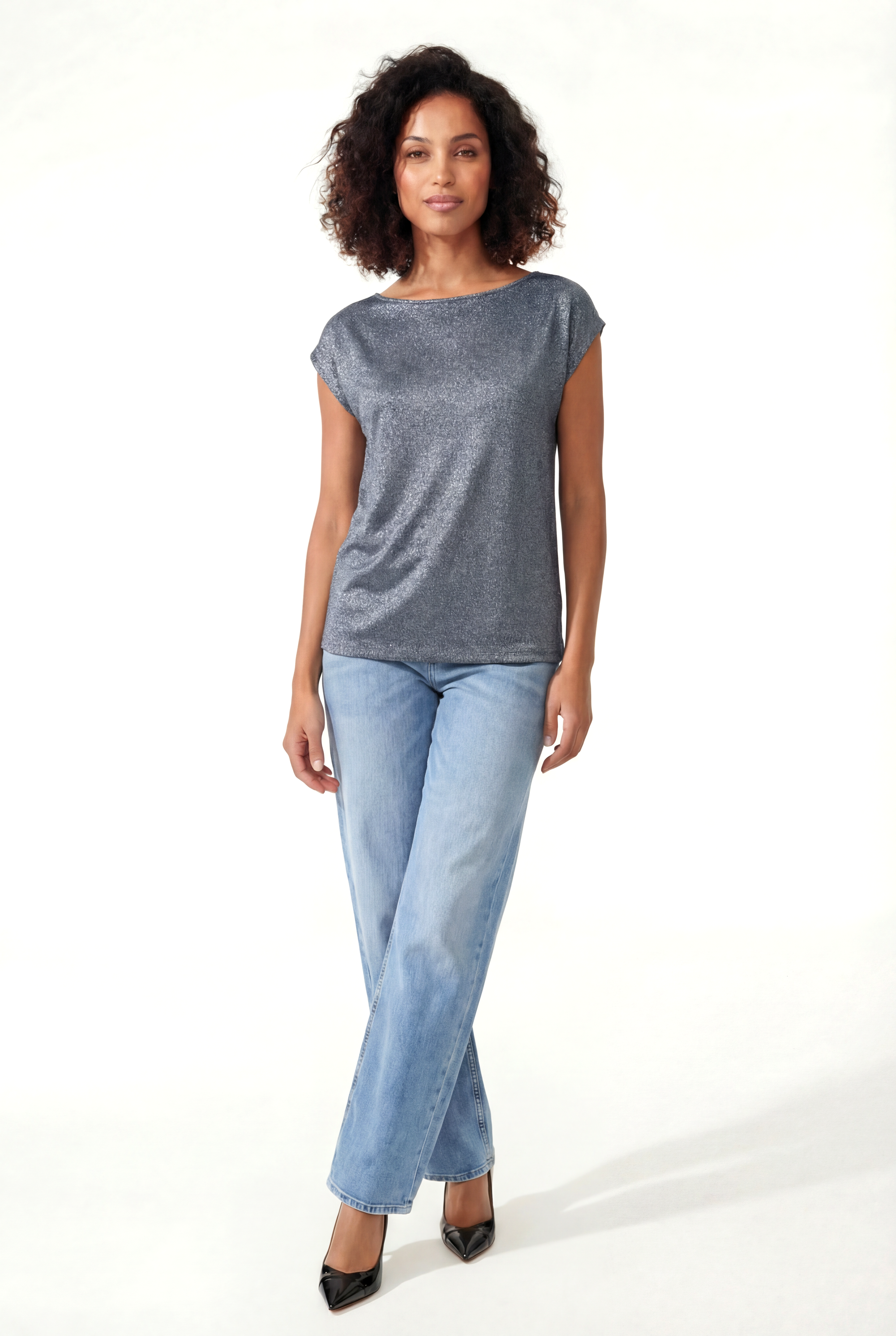 Gri Bisiklet Yaka Simli Kısa Kollu Kadın T-Shirt SKY GLITTER S/S TOP - Tops - Westmark London EU(TR) Store Organik Pamuklu Sürdürülebilir Moda