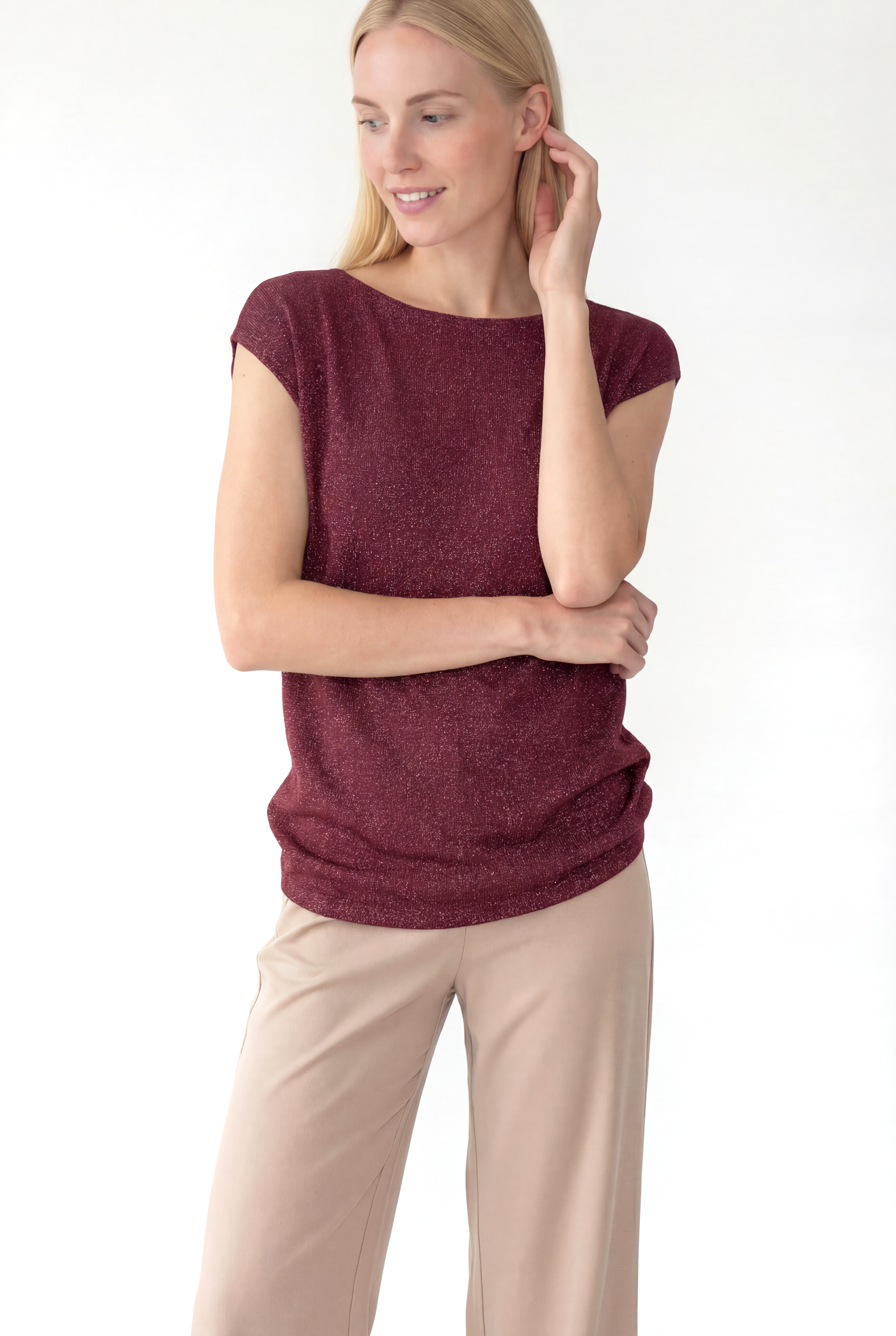 Bordo Bisiklet Yaka Simli Kısa Kollu Kadın T-Shirt SKY GLITTER S/S TOP - T-Shirt - Westmark London EU(TR) Store Organik Pamuklu Sürdürülebilir Moda