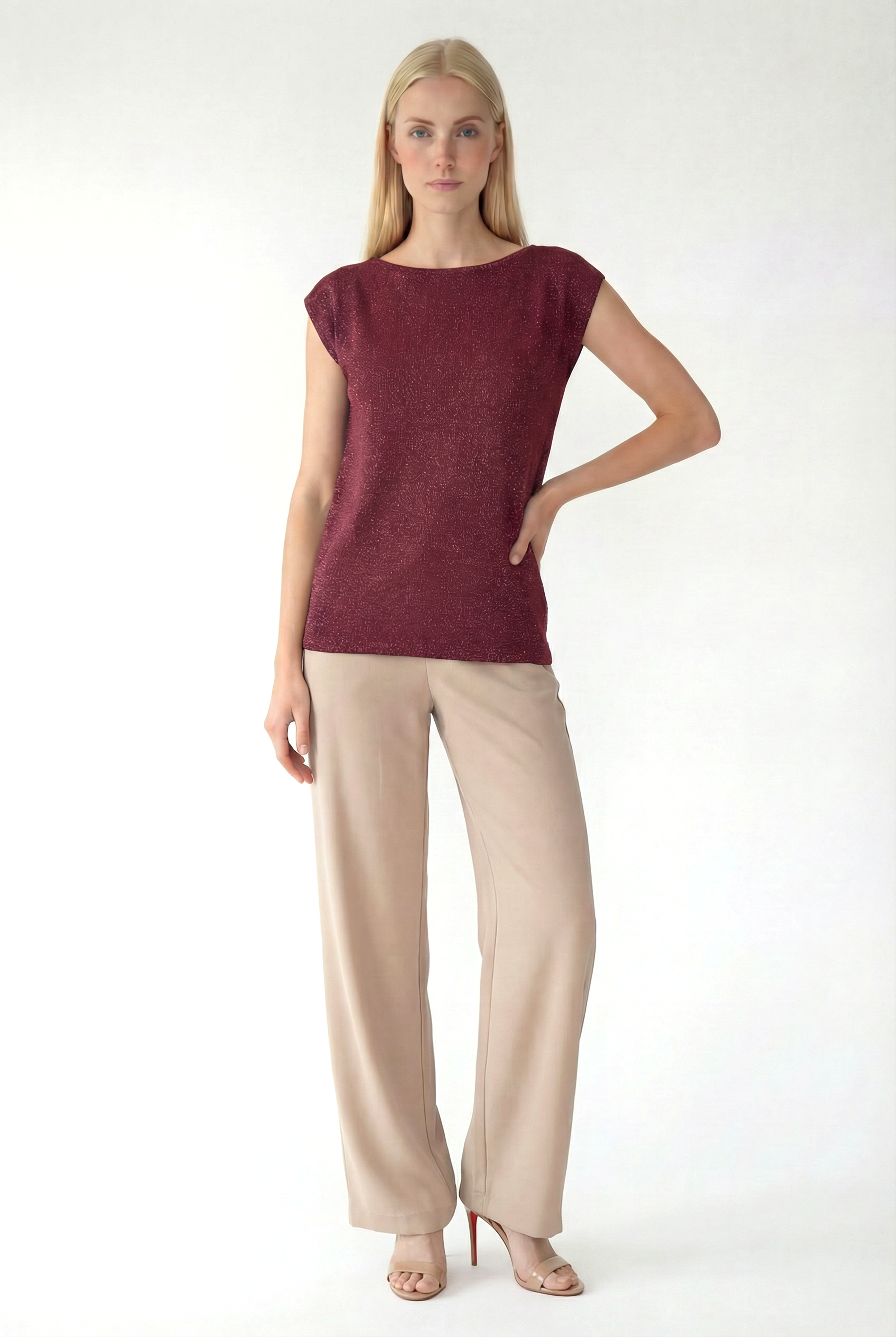 Bordo Bisiklet Yaka Simli Kısa Kollu Kadın T-Shirt SKY GLITTER S/S TOP - T-Shirt - Westmark London EU(TR) Store Organik Pamuklu Sürdürülebilir Moda