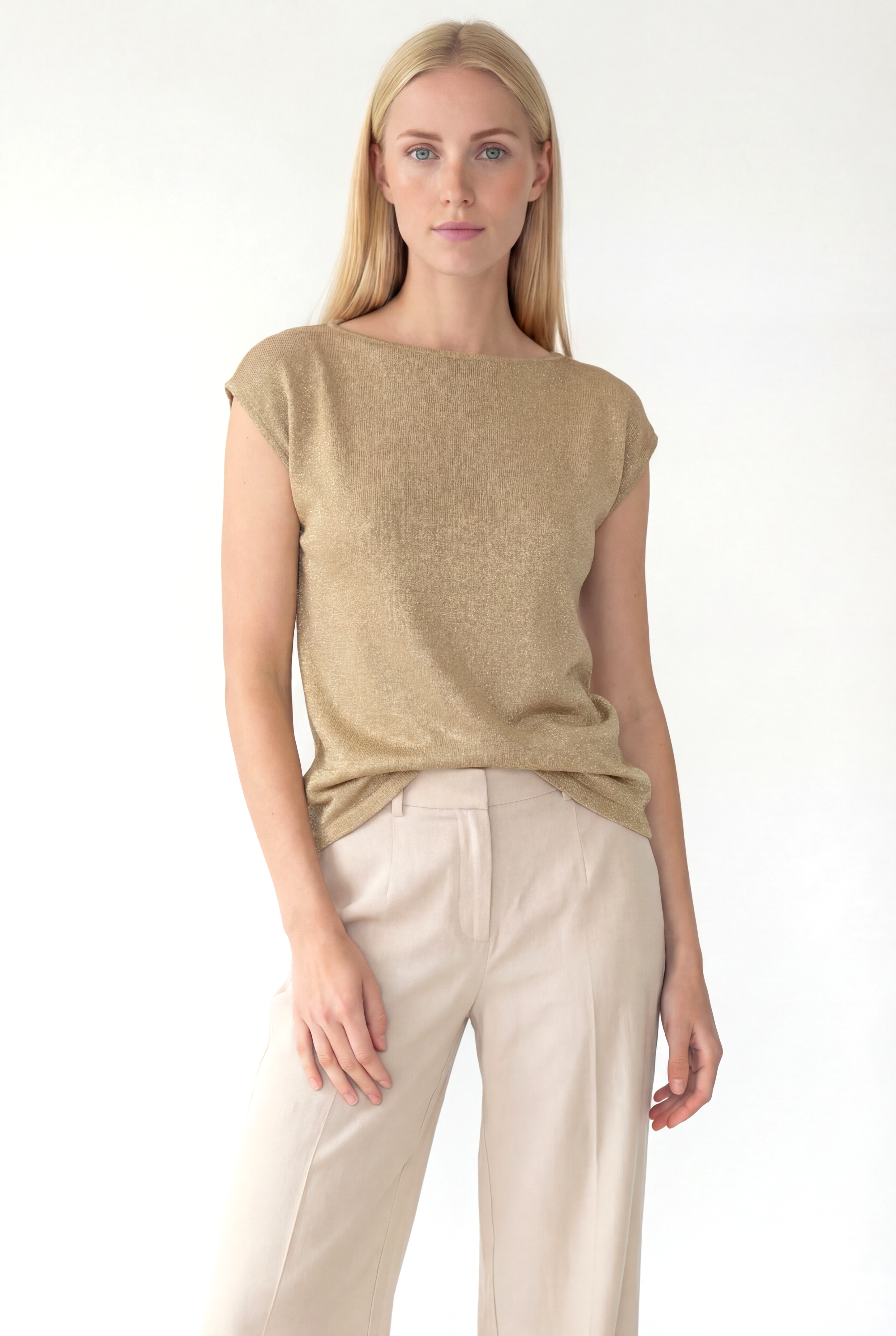 Bej Bisiklet Yaka Simli Kısa Kollu Kadın T-Shirt SKY GLITTER S/S TOP